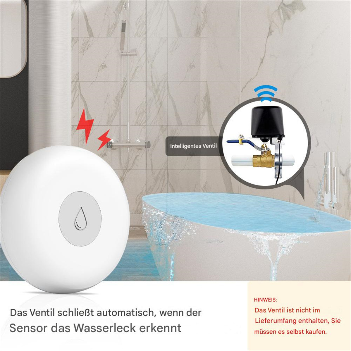 Intelligentes Wasserventil, Wasseraustrittssensor und Badewanne.