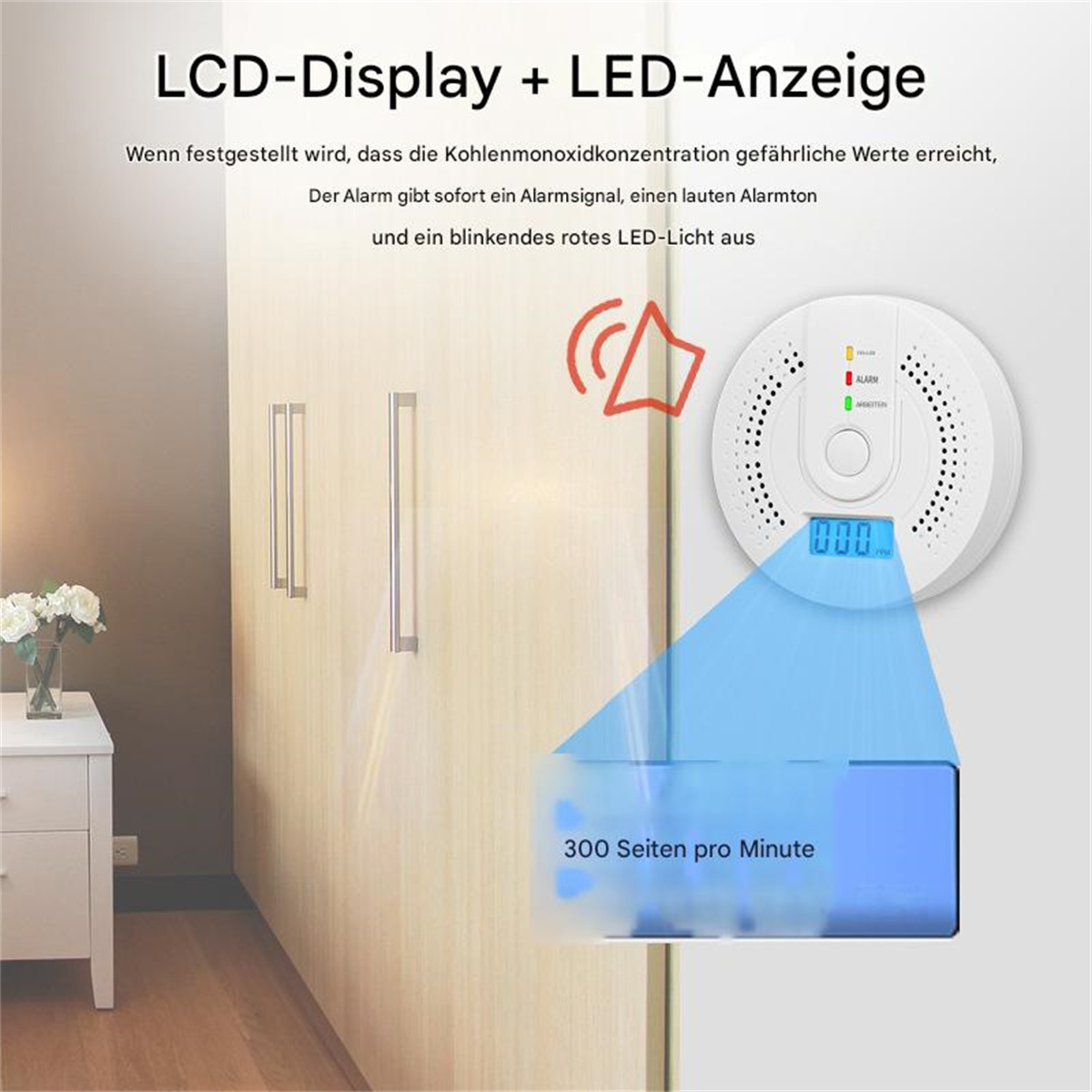 CO-Detektor an der Wand. Anzeige zeigt 000 ppm. Rotes Alarmsignal leuchtet.