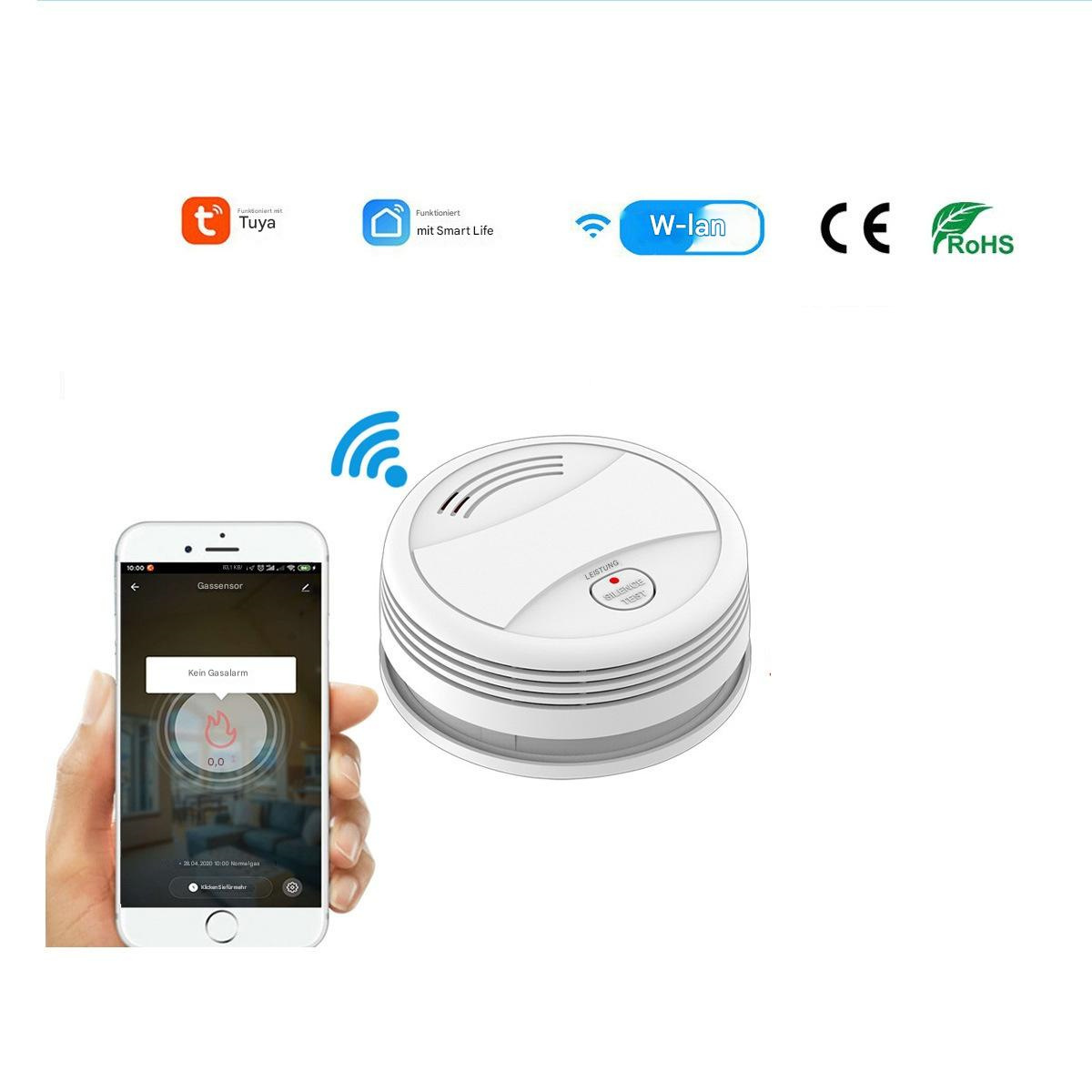Weißer Rauchmelder und Smartphone mit Gasalarm-Oberfläche. WLAN- und Smart Home-Symbole sind sichtbar.