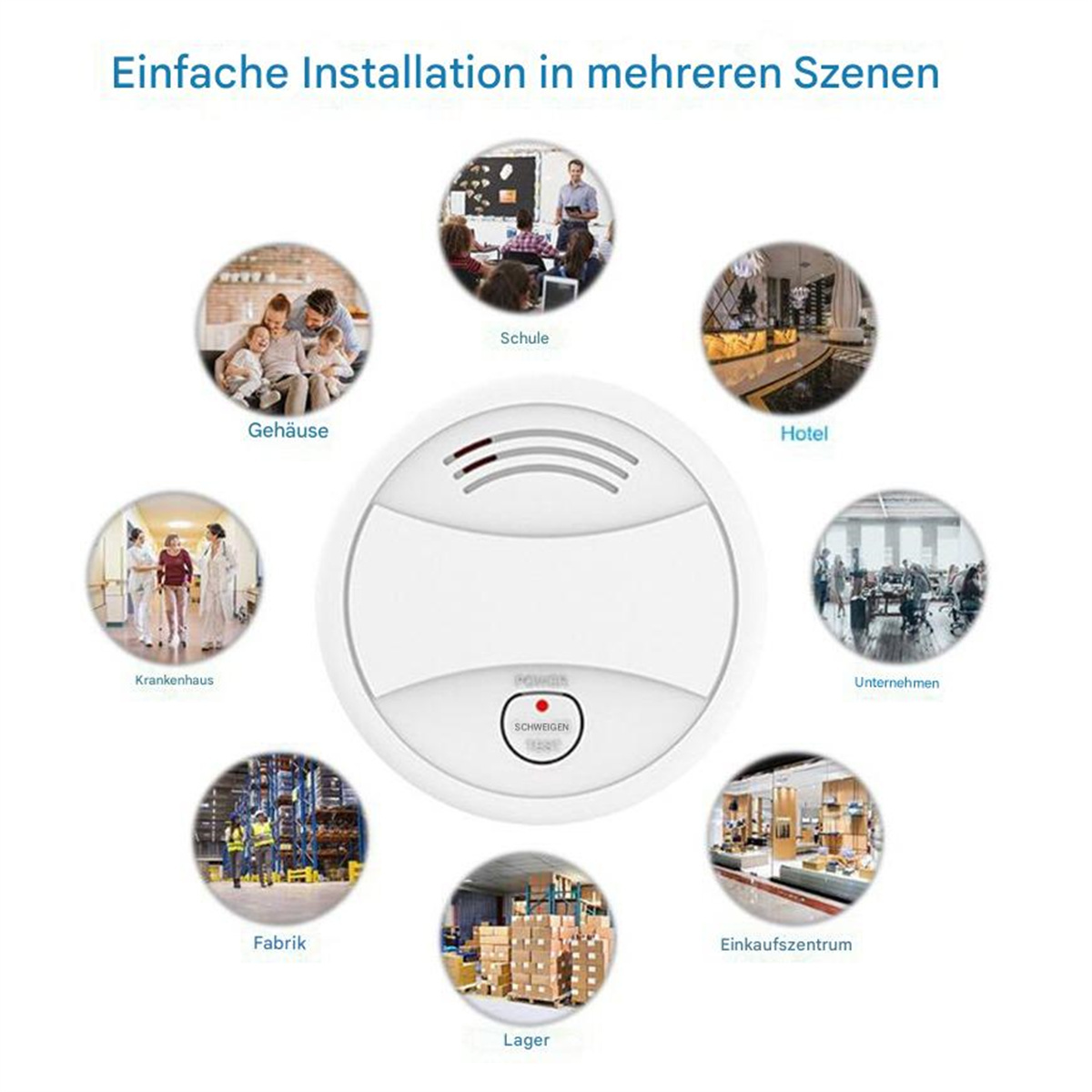 Ein weißer Rauchmelder, umgeben von kreisförmigen Bildern, die verschiedene Installationsszenarien zeigen.