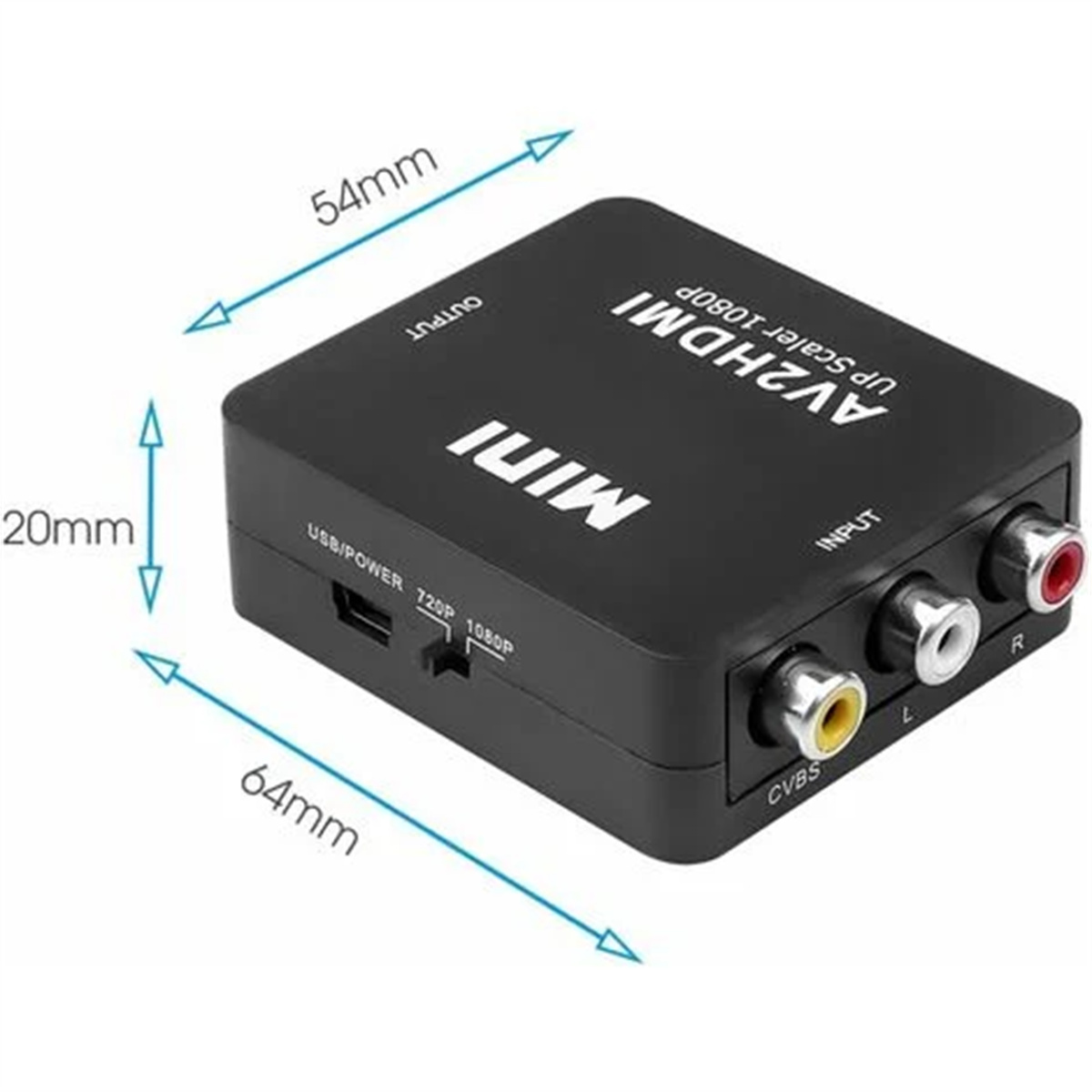 Schwarze Mini-AV2HDMI-Upscaler-Box mit Abmessungen und Anschlussports. Text sagt 'MINI' und 'AV2HDMI'.