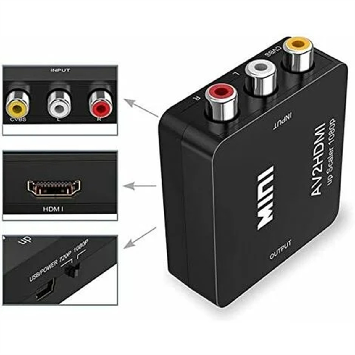 Schwarzer AV2HDMI-Upscaler mit Anschlüssen, die mit Input und Output beschriftet sind.