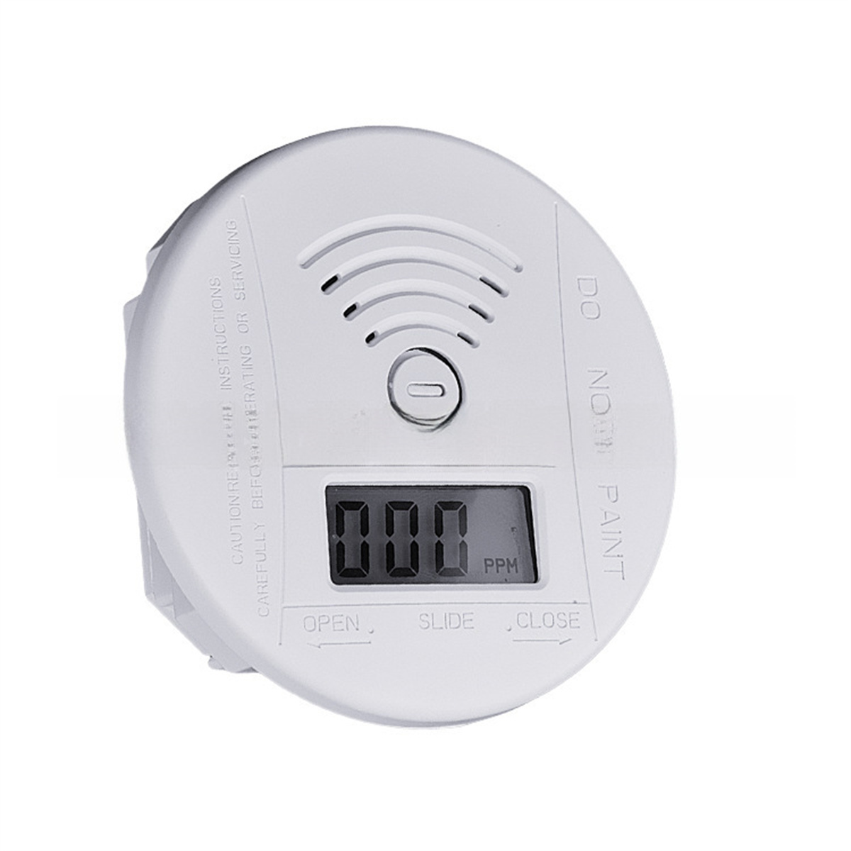 Weißer Rauchmelder mit Digitalanzeige "000 PPM". Enthält Text in Englisch.