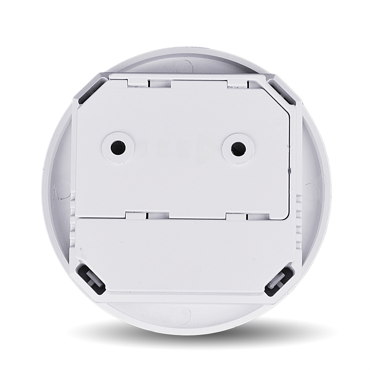 Weißes kreisförmiges Gerät, wahrscheinlich eine Smart-Home-Komponente, mit rechteckiger Platte.