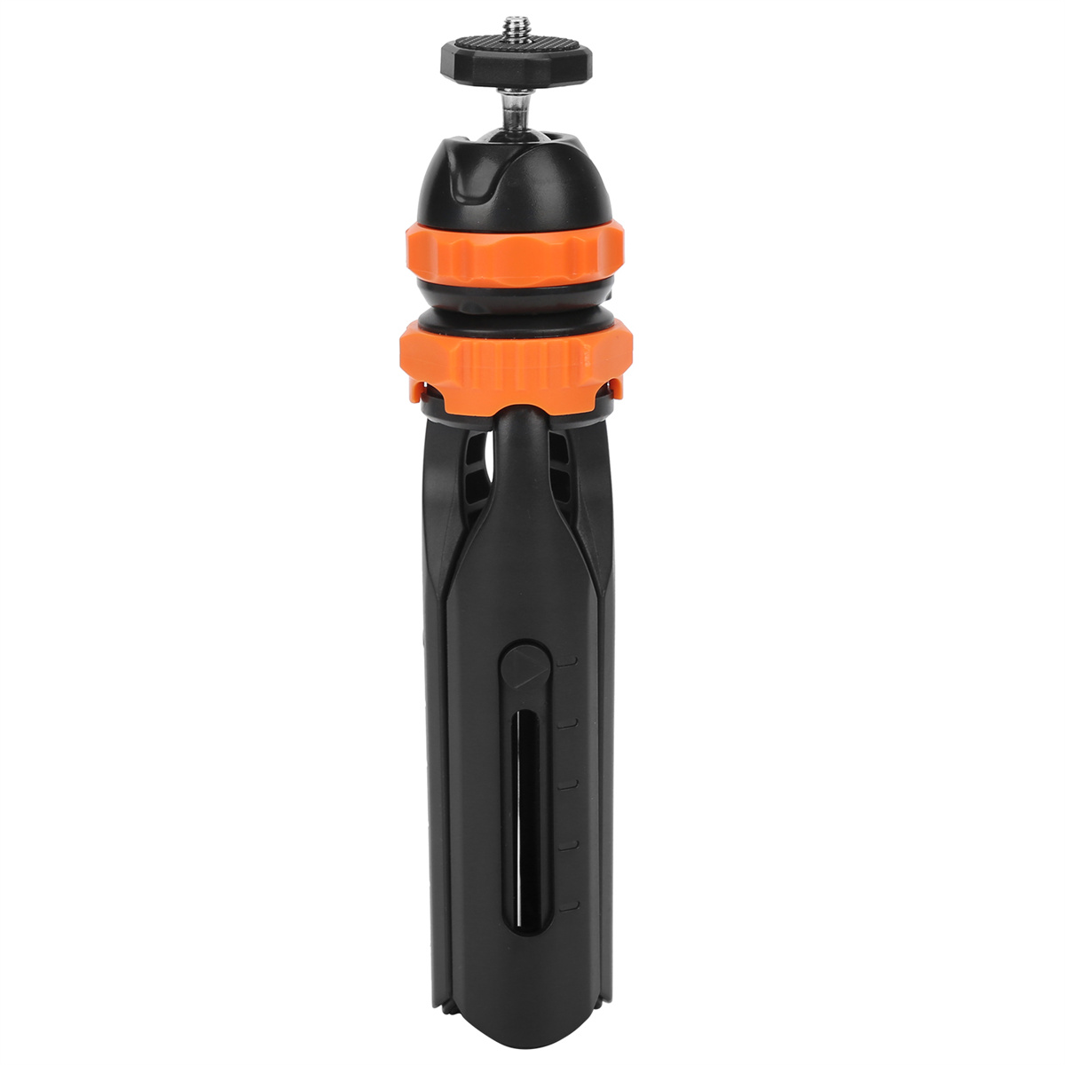 Ein schwarzes Stativ mit orangefarbenen, verstellbaren Ringen. Es steht auf einer weißen Oberfläche. Für Kamera/Handy.