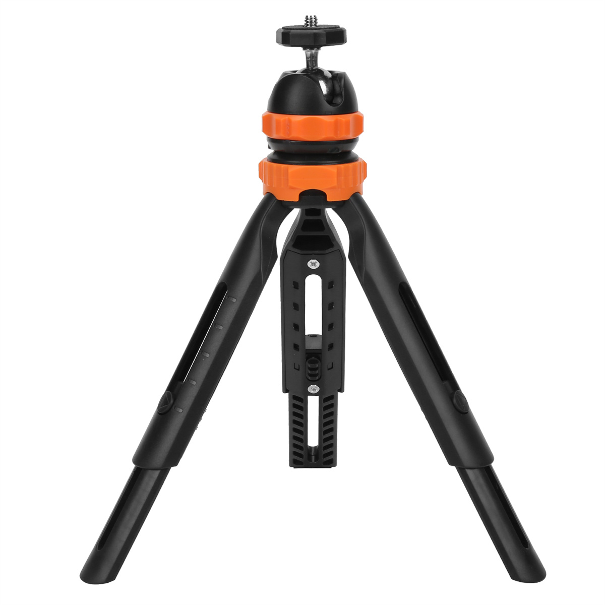 Schwarzes und oranges Mini-Stativ mit drei Beinen. Verstellbarer Kugelkopf oben.