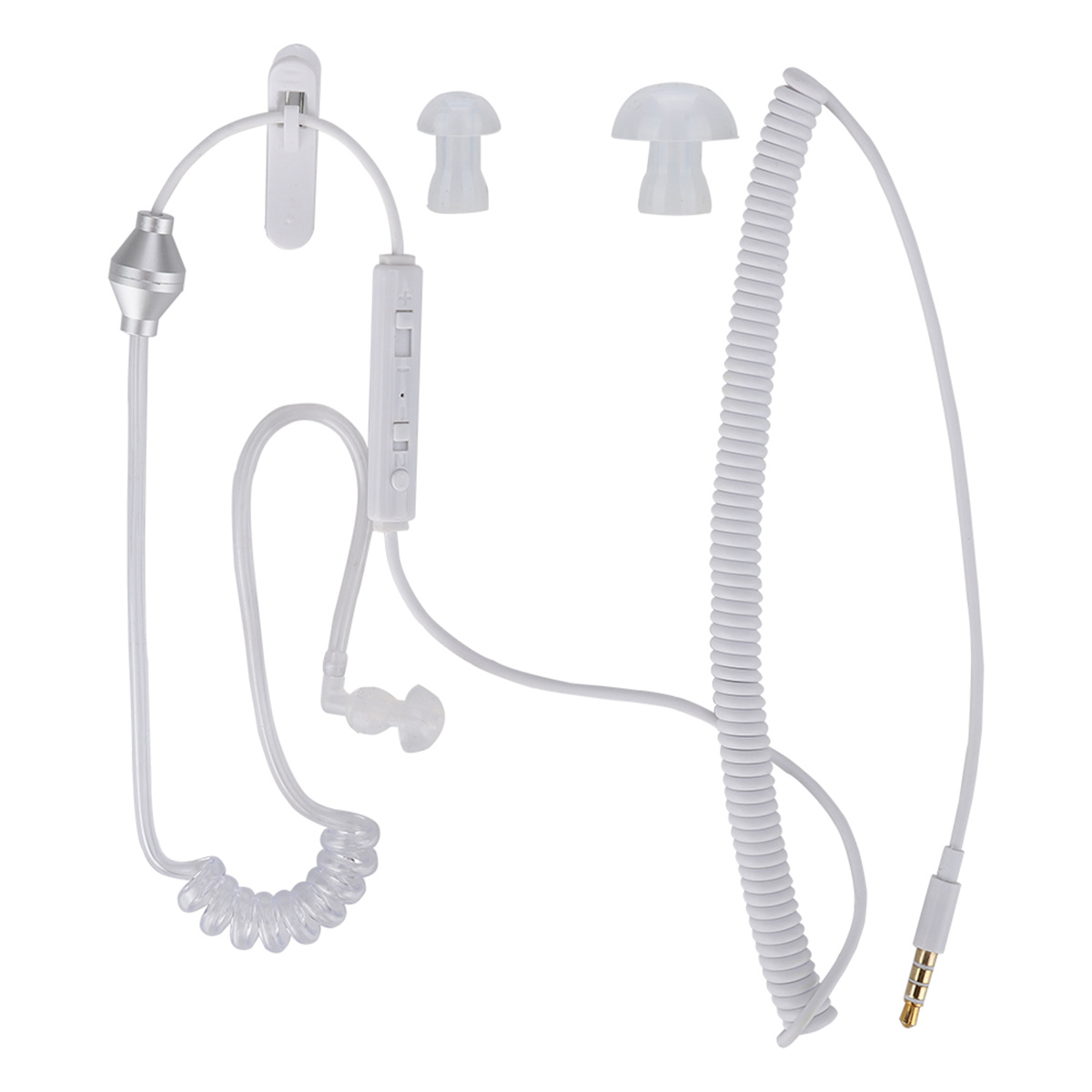 Weiße Ohrhörer mit durchsichtigem Kabel und Fernbedienung. Es gibt zusätzliche Ohrstöpsel.