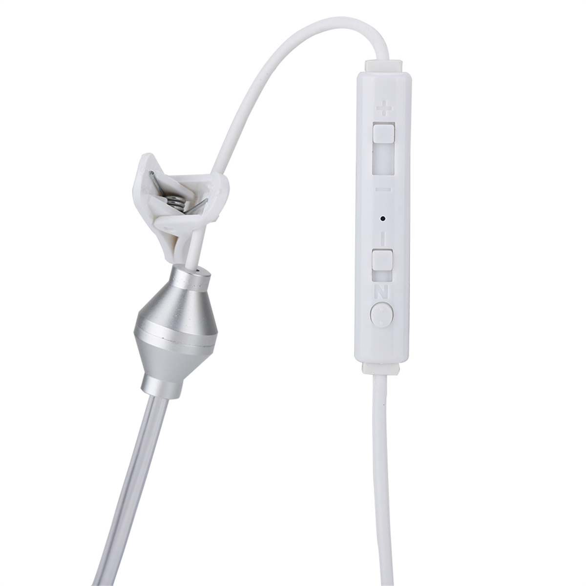 Weiße In-Ear-Kopfhörer mit einem Steuermodul und einem silbernen Mikrofon.