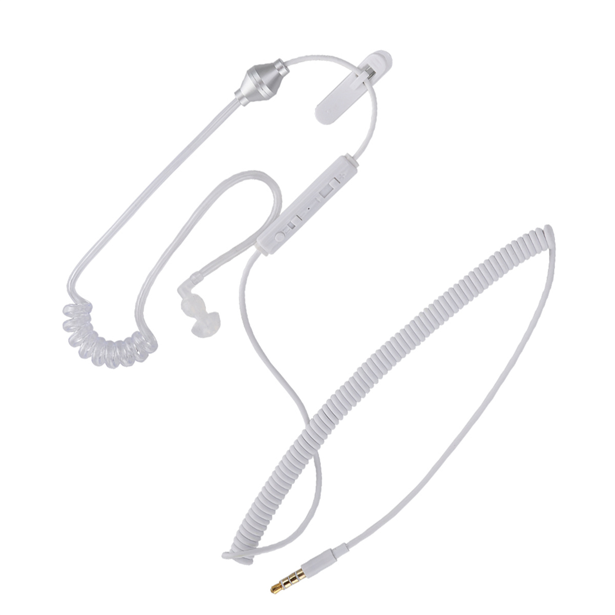 Weiße In-Ear-Kopfhörer mit Clip und Spiralkabel, mit goldfarbenem Stecker.