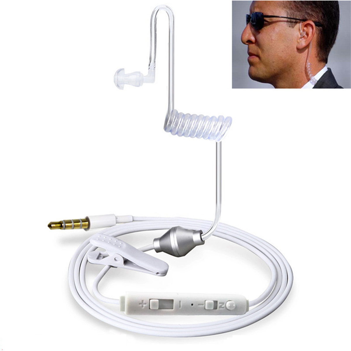 Weißes Ohrhörer mit Mikrofon, Kabel und Steuerung. Eine Einlage zeigt einen Mann mit dem Ohrhörer.