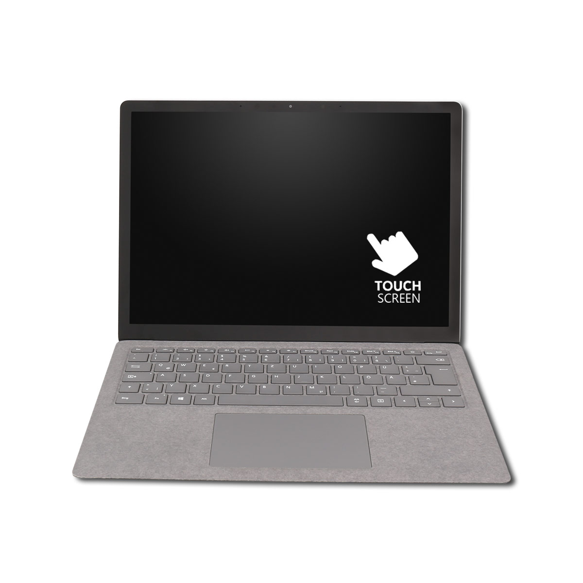 Grauer Laptop mit Touchscreen-Etikett. Der Bildschirm ist schwarz, ein weißes Handsymbol ist sichtbar.