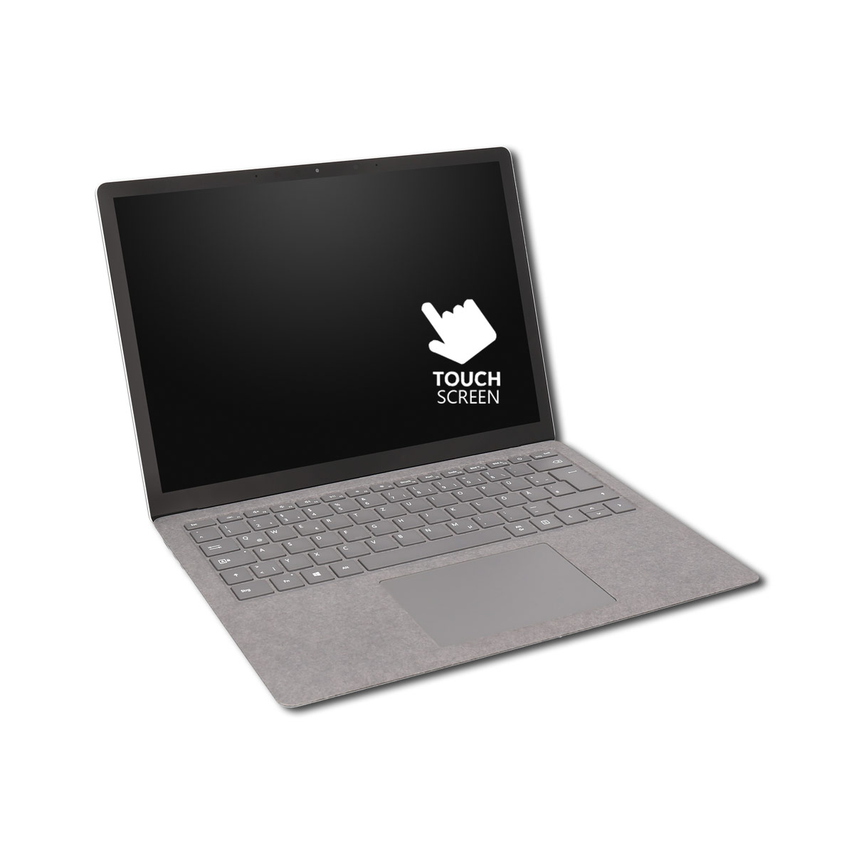 Laptop mit hellgrauem Gehäuse, schwarzem Bildschirm mit 'TOUCH SCREEN' und einem weißen Hand-Symbol.