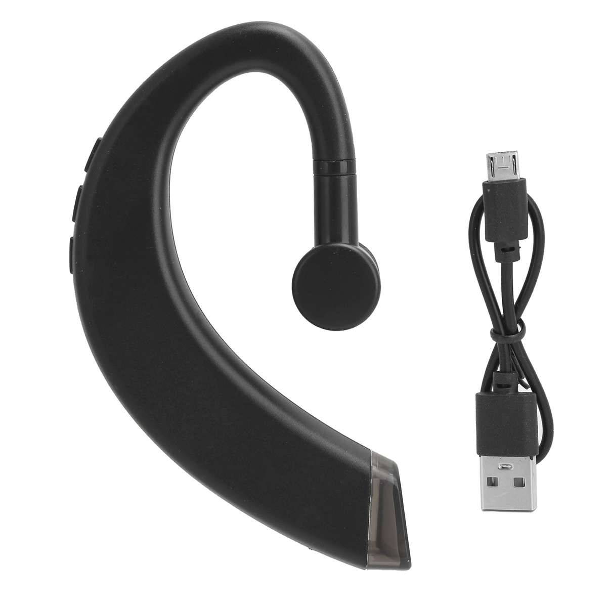 Schwarzes Bluetooth-Headset und ein USB-Ladekabel. Das Headset ist gebogen.