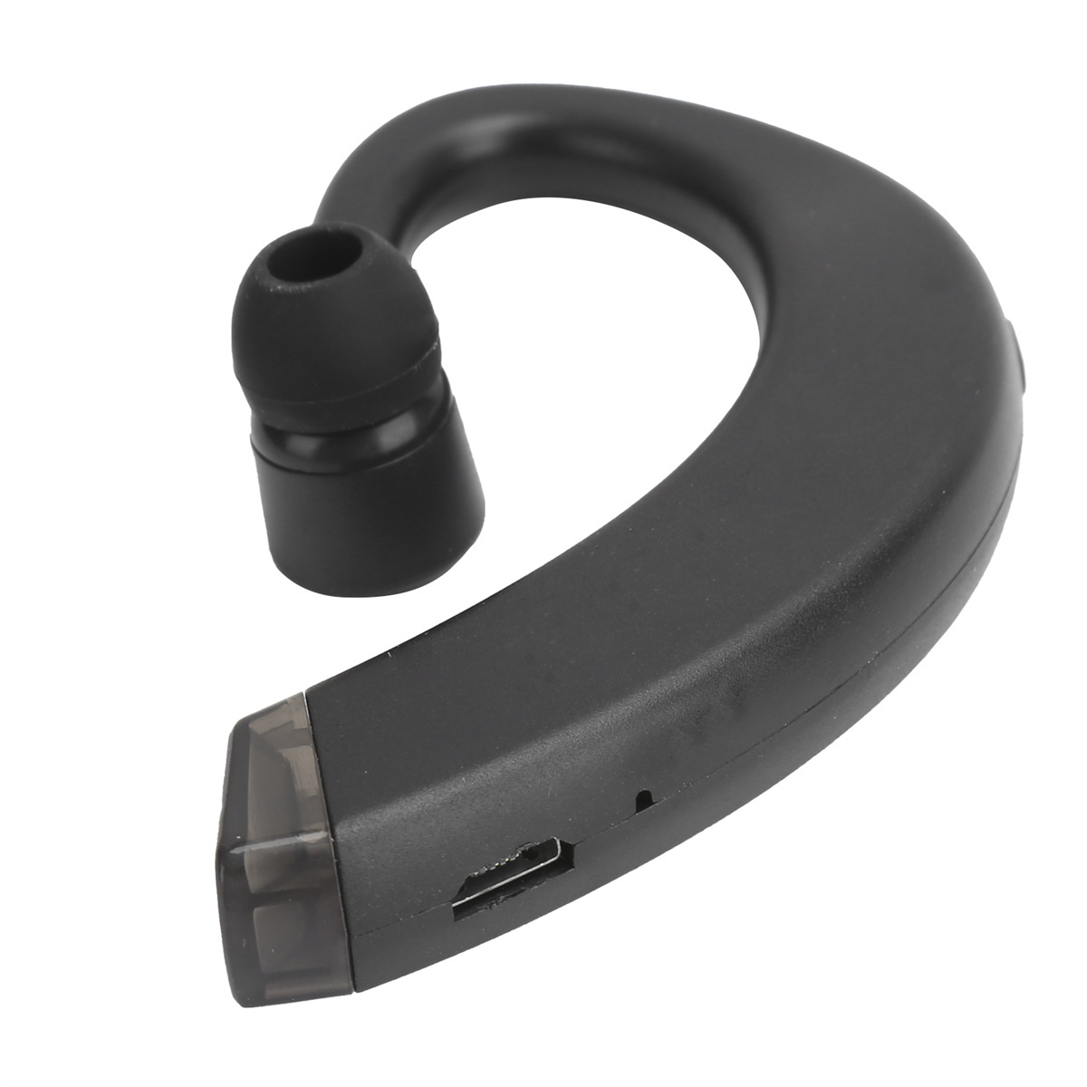 Ein schwarzes Bluetooth-Headset mit geschwungenem Design.