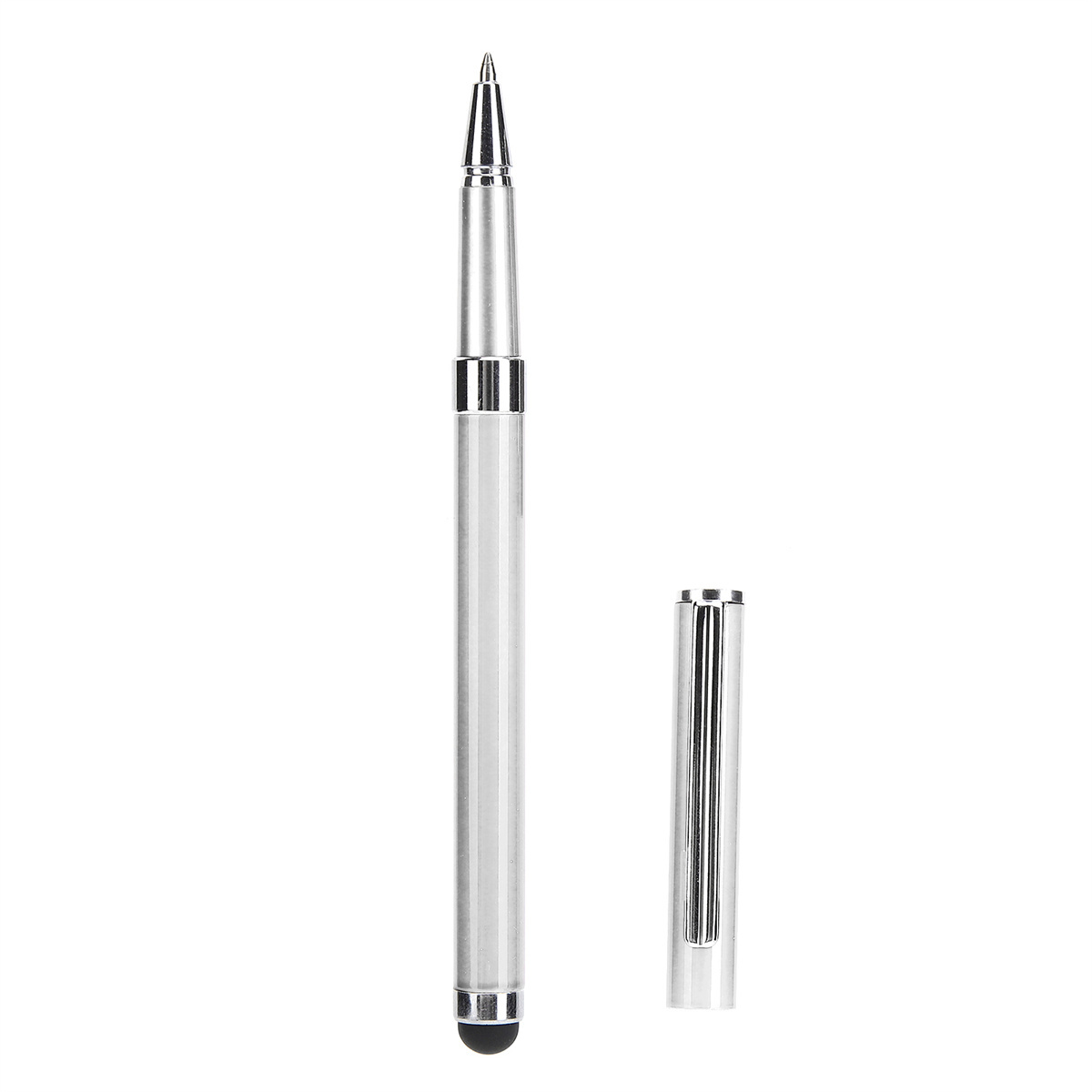 Silberner Stift ohne Kappe, der die Feder zeigt. Der Stift befindet sich auf weißem Hintergrund.