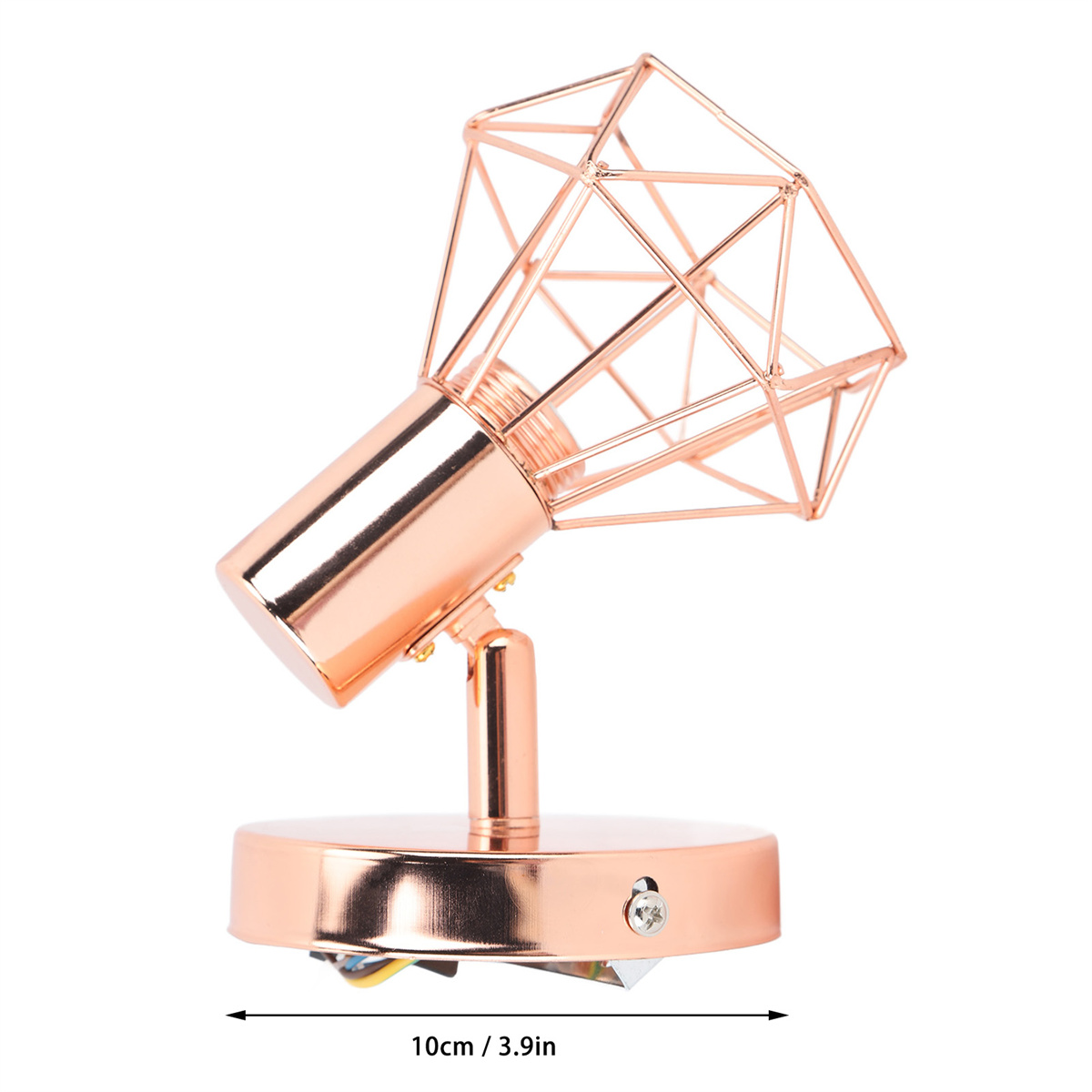 Roségoldfarbene geometrische Lampe mit Spotlicht-Design auf weißer Oberfläche.
