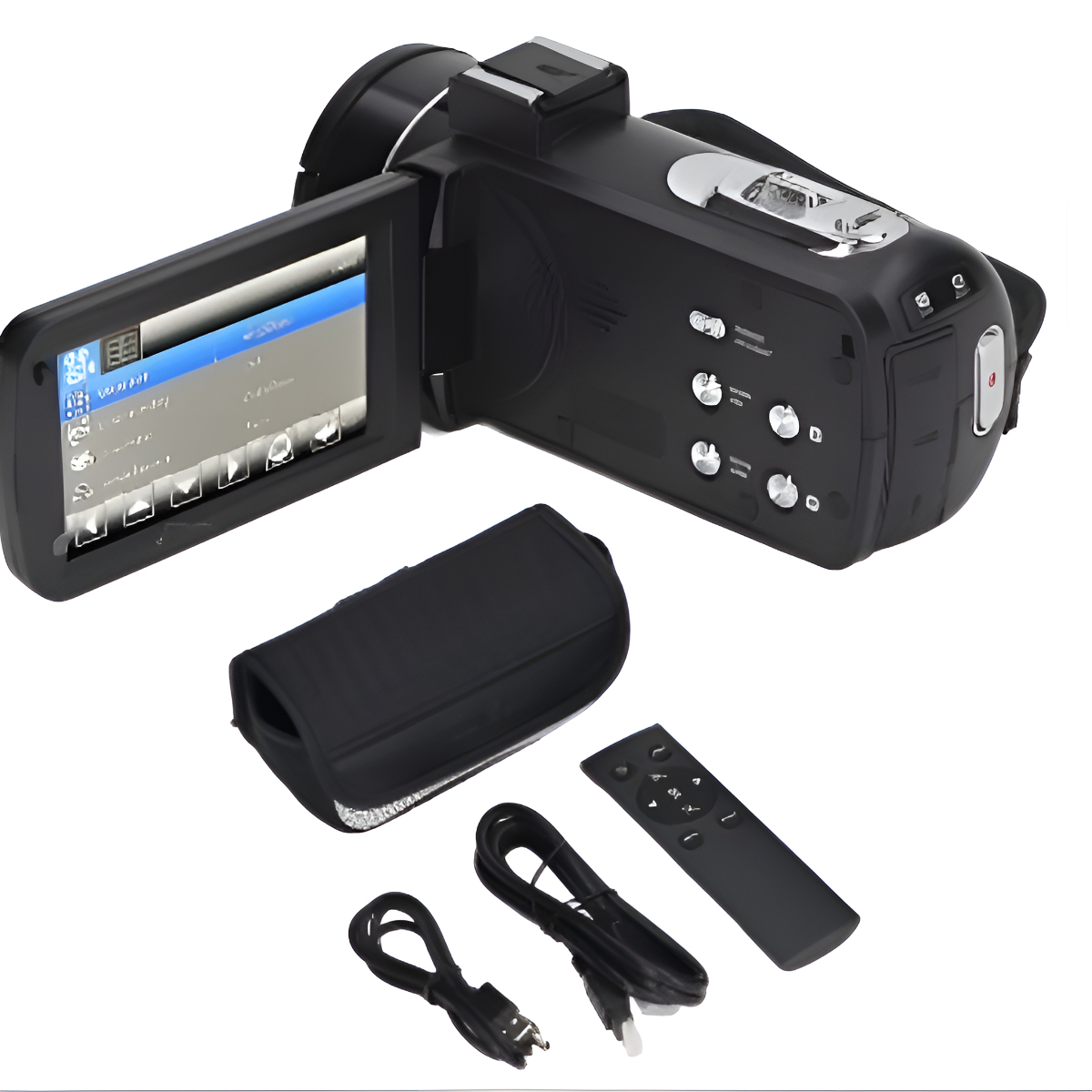 Schwarze Camcorder mit geöffnetem Bildschirm, mit Zubehör: Ladegerät, Kabel und Fernbedienung.