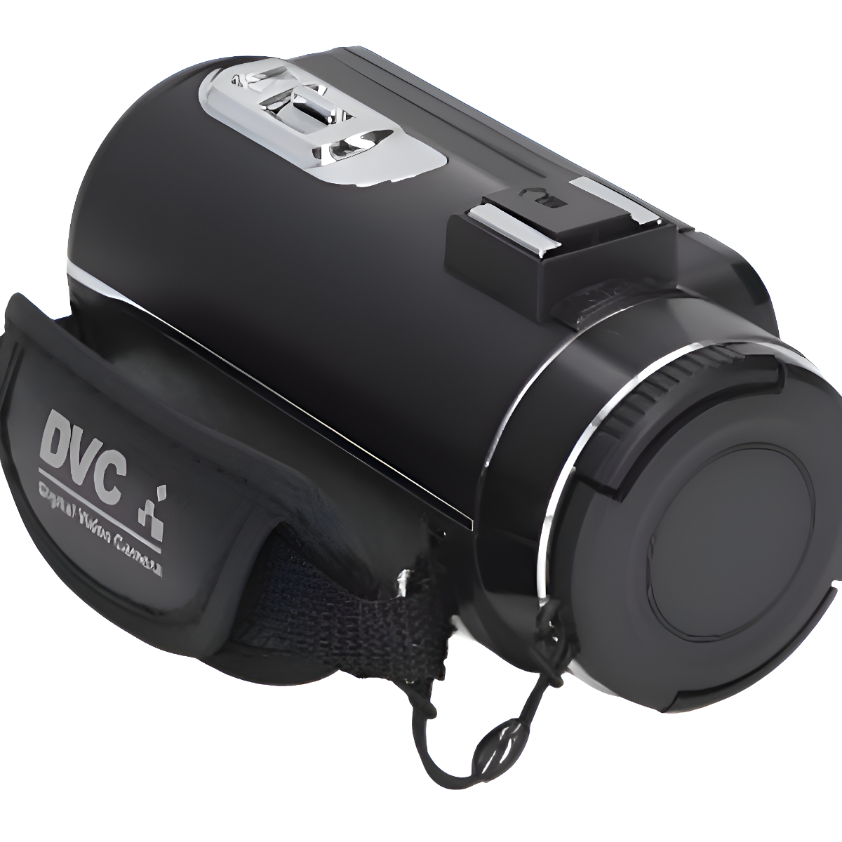 Schwarze digitale Videokamera mit Gurt, beschriftet mit 'DVC Digital Video Camera'.