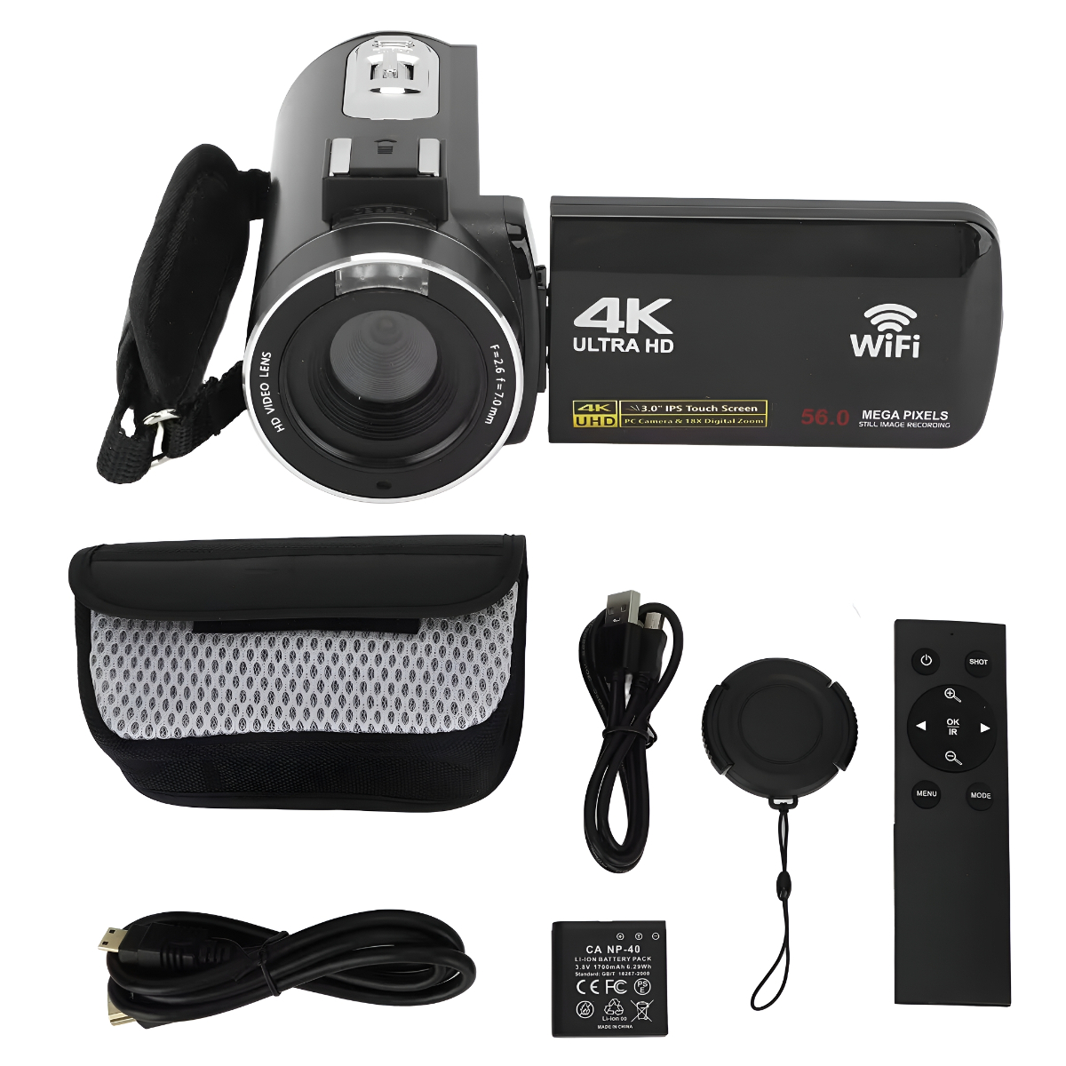 Camcorder mit Zubehör. Inklusive Tasche, Kabel, Objektivdeckel, Akku und Fernbedienung.
