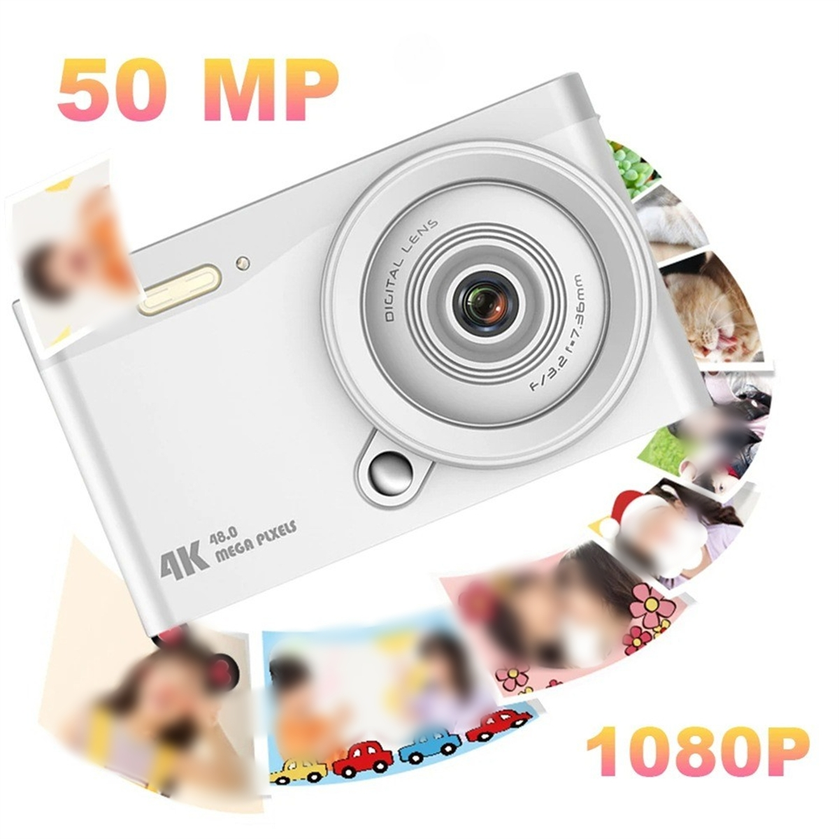 Eine weiße Kamera mit Objektiv, umgeben von Fotos und Text '50 MP' und '1080P'.