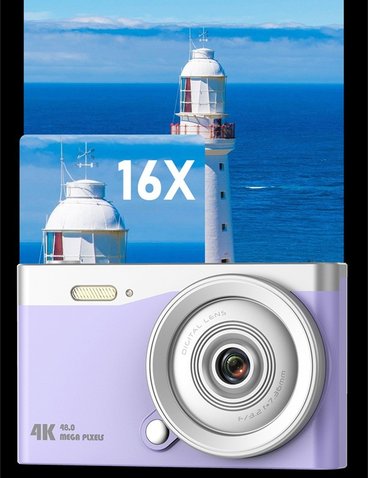Eine lila Kamera mit einem Leuchtturm im Hintergrund. Der Text lautet 16X und 4K.