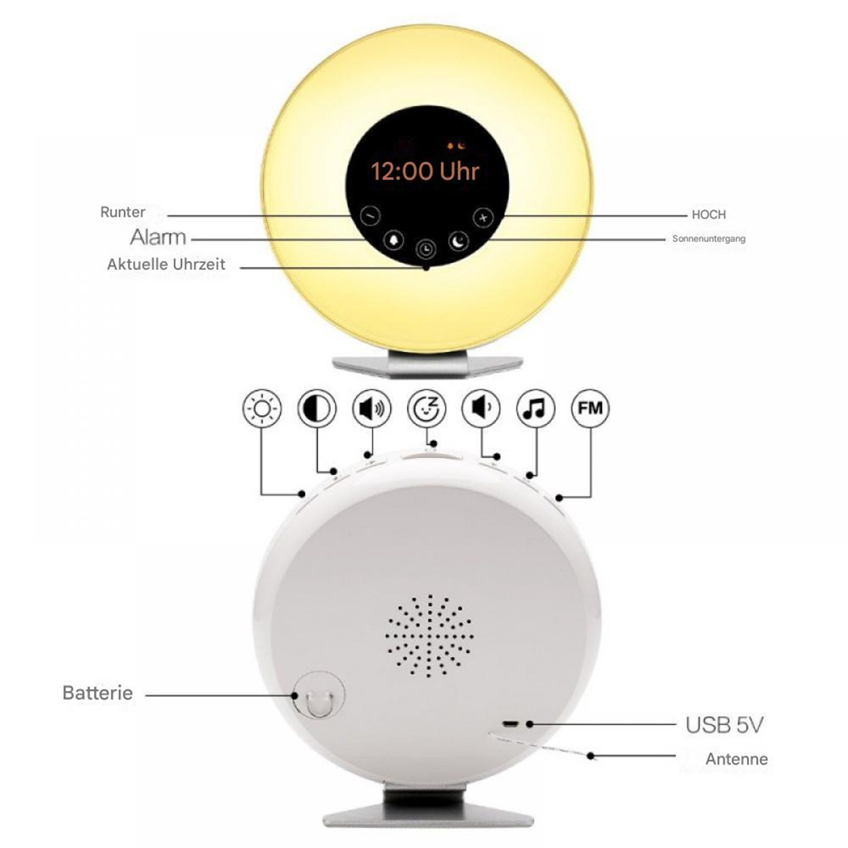 Wecker mit gelbem Licht. Beschriftung: Alarm, Uhrzeit, Sonnenuntergang, Lautstärke, UKW-Radio, Batterie.