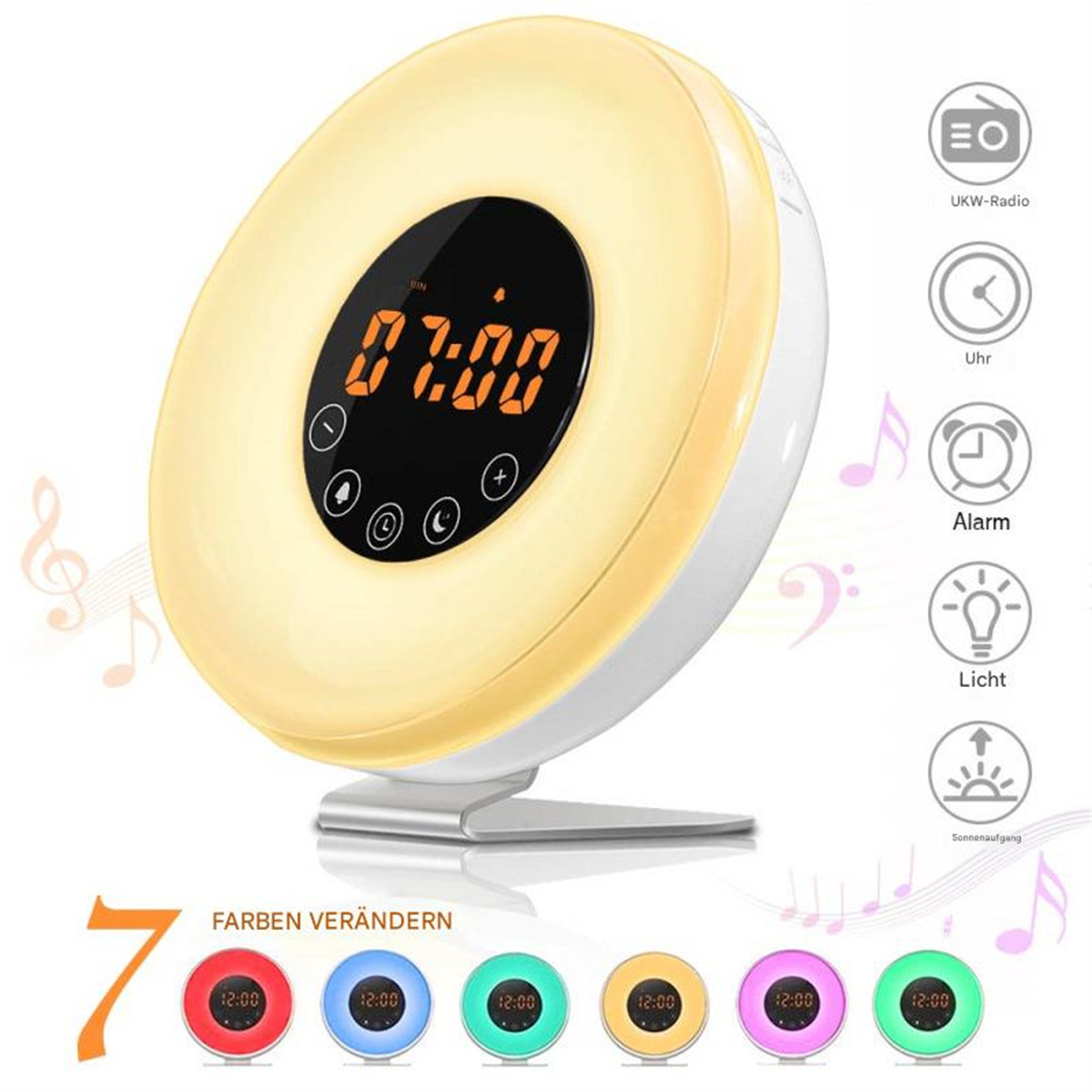 Ein weiß-gelber Wecker mit Digitalanzeige. Enthält Symbole für Radio, Alarm und Licht.