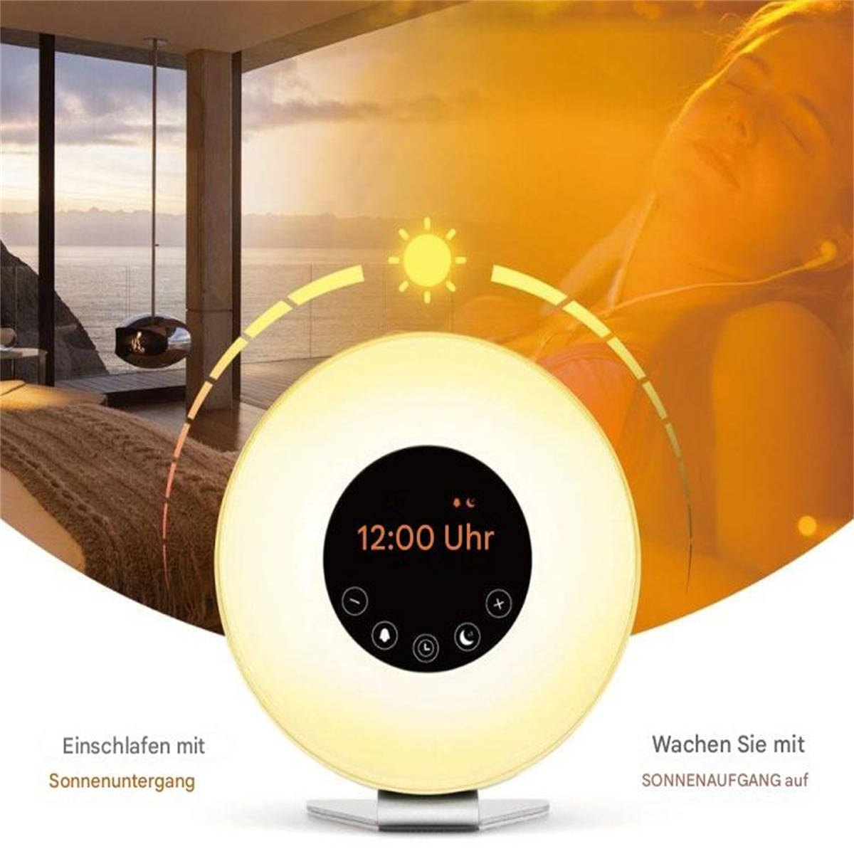Eine Digitaluhr zeigt 12:00 Uhr an. Eine Frau liegt.