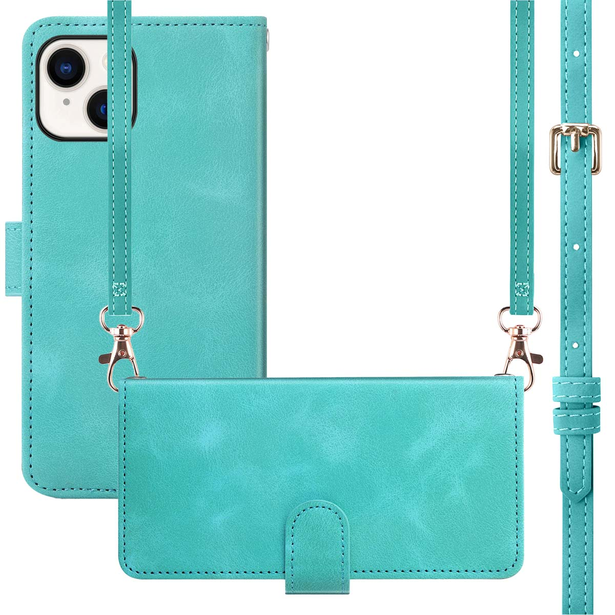 Turquoise telefoonhoesje met riem en afneembare portemonnee. Gouden sluitingen en stiksels.
