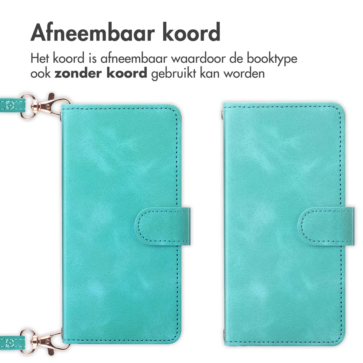 Turquoise telefoonhoesje met een afneembare riem.