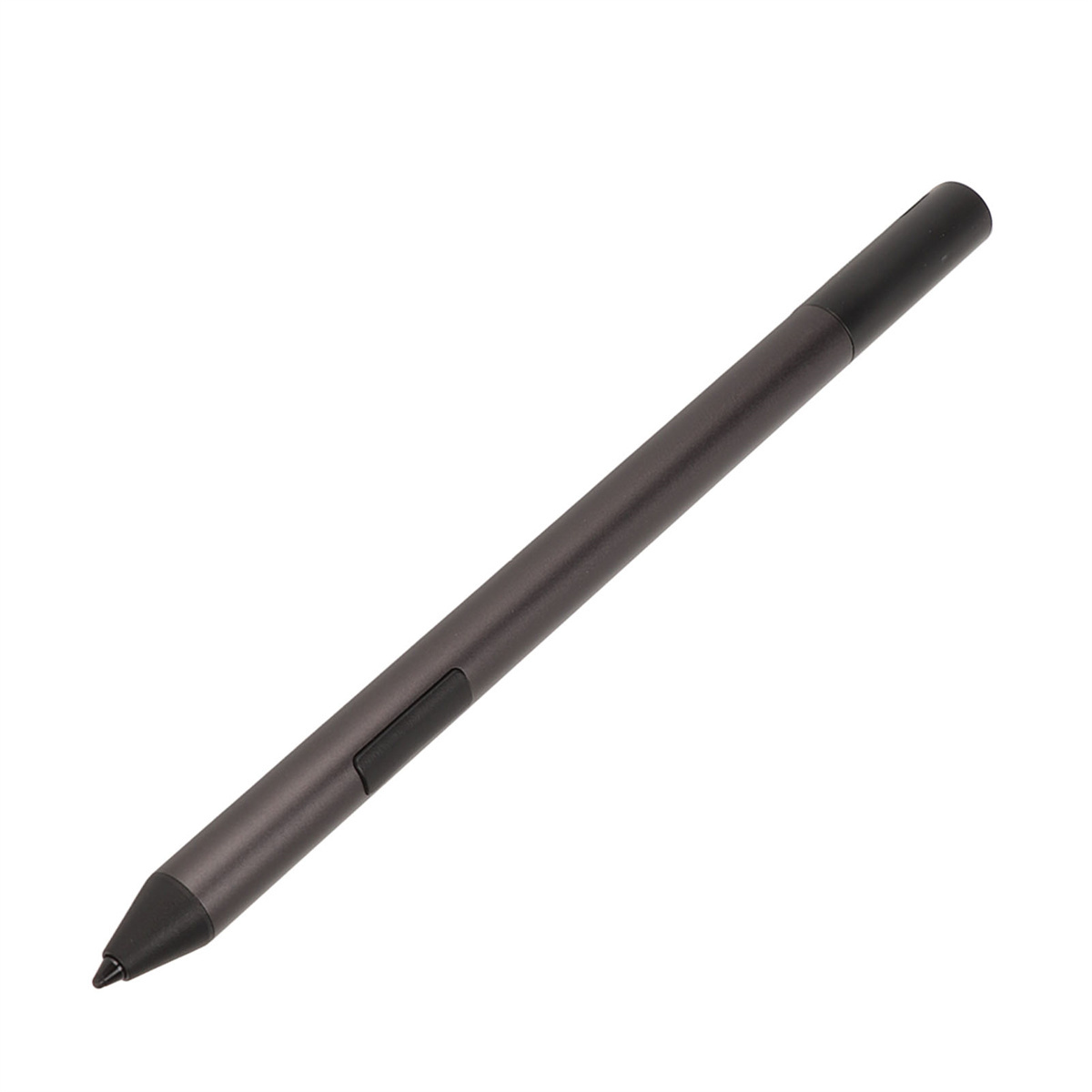 Ein dunkelgrauer Stift mit schwarzer Spitze und einem kleinen Knopf an der Seite.
