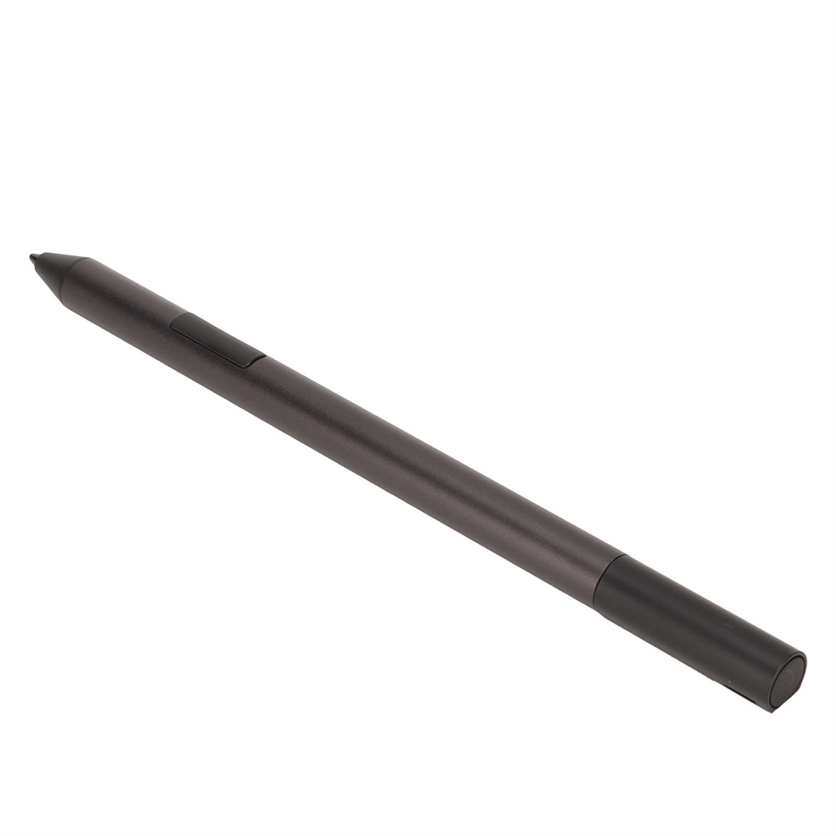 Ein dunkelgrauer digitaler Stift, abgewinkelt, auf weißem Hintergrund. Der Stift hat eine Taste.