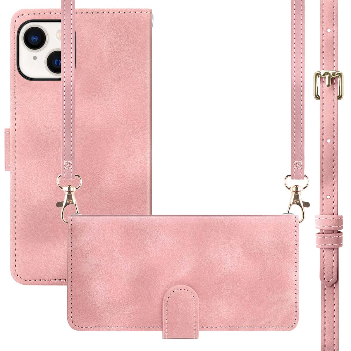 Roze telefoonhoesje met een bandje en een andere bijpassende telefoonhoes.