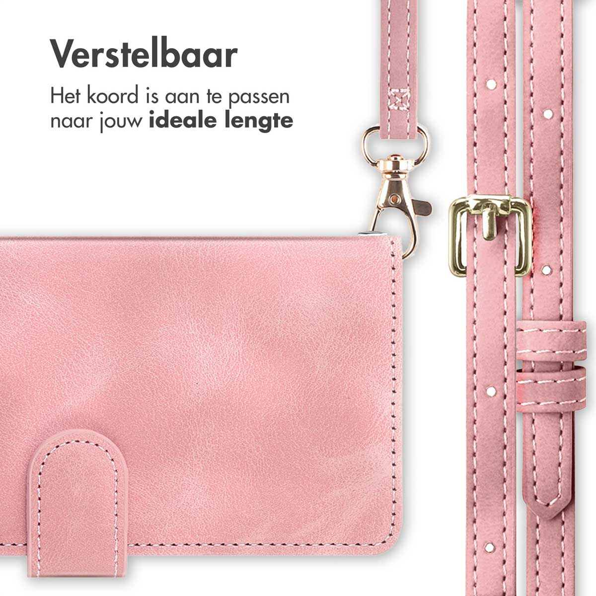 Een close-up van een roze telefoonhoesje met riem en gesp. De riem heeft een verstelbare gesp.