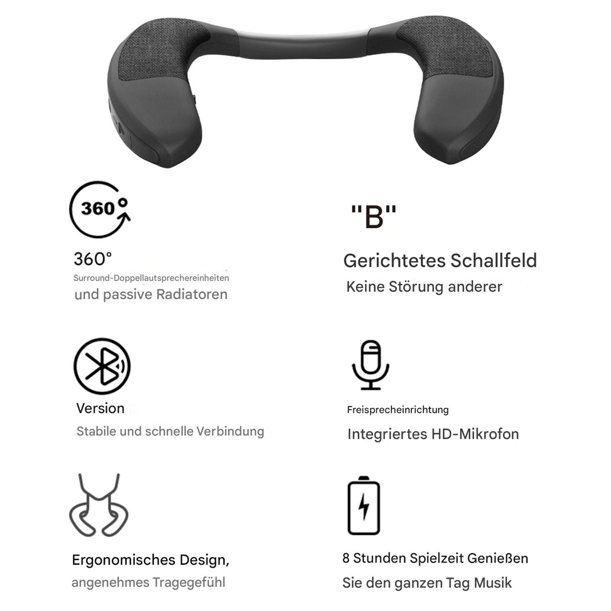 Schwarzer Nackenbügellautsprecher mit Symbolen und Text zu Funktionen wie 360° Sound und Bluetooth.
