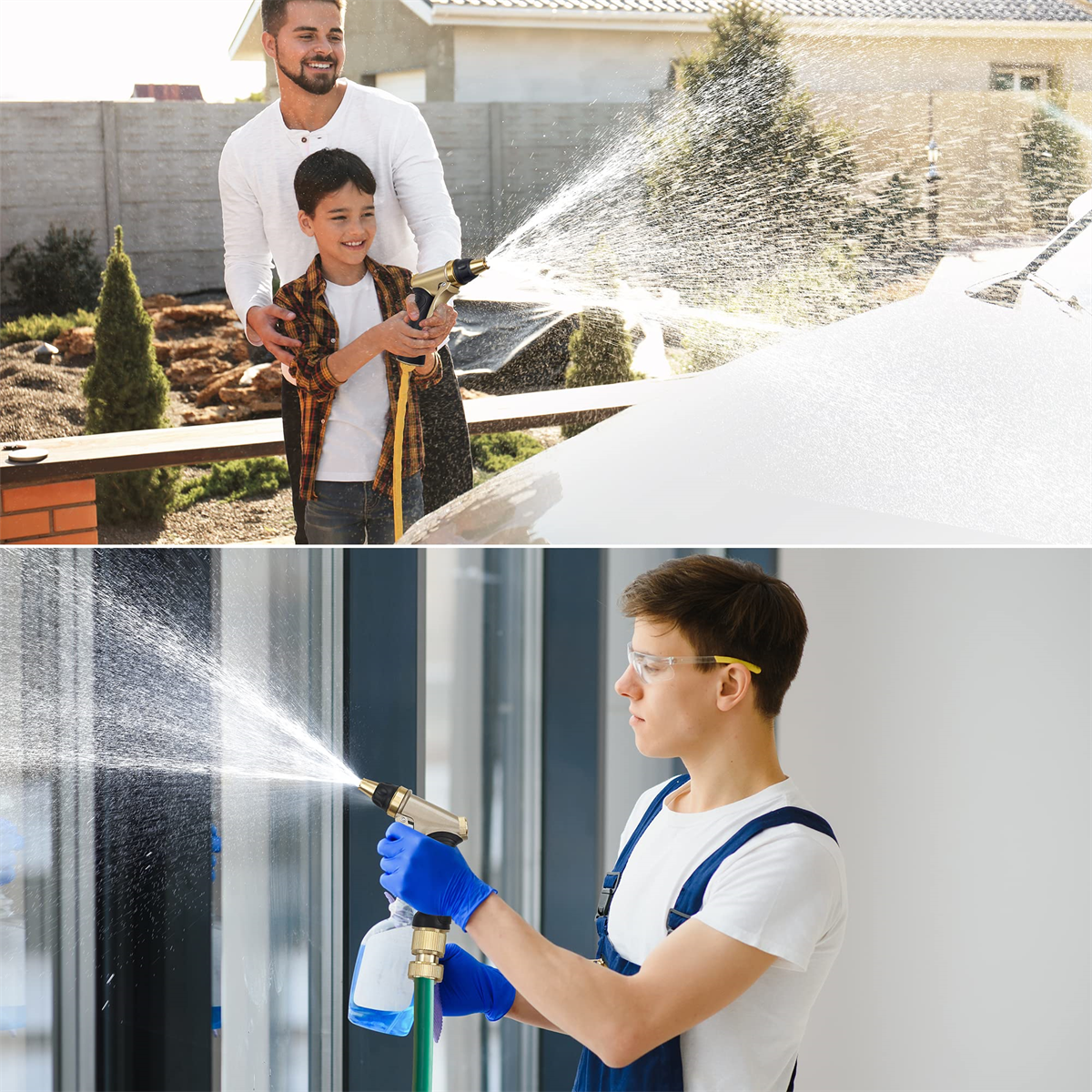 Vater und Sohn waschen Auto mit Wasserschlauch. Zweites Bild: Mann benutzt ihn.