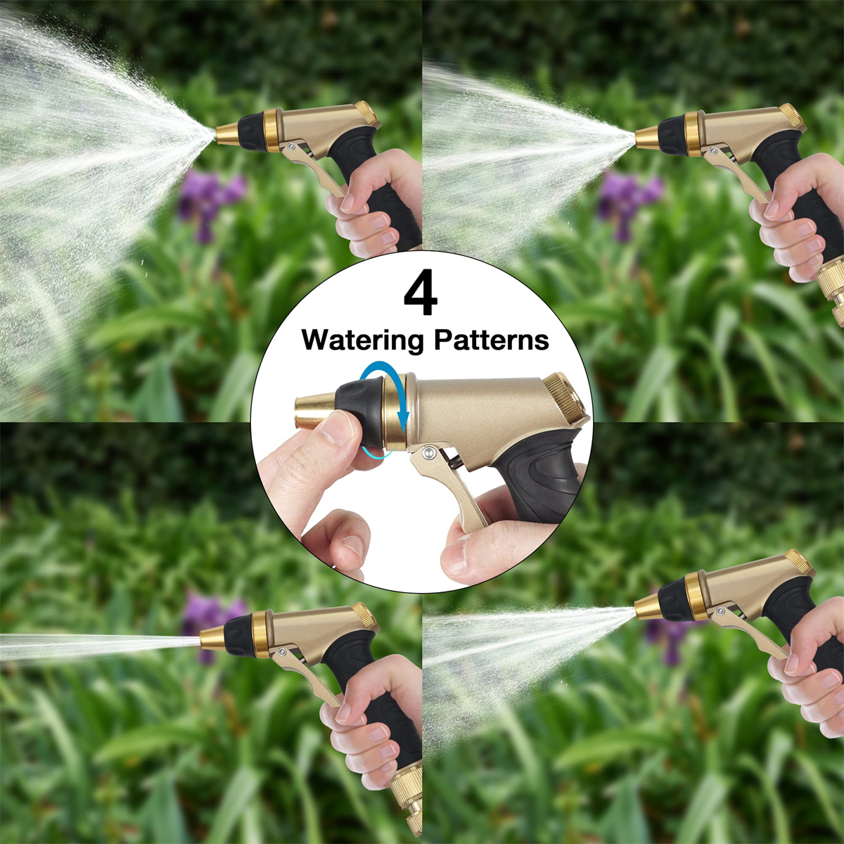 Vier Bilder einer gold-schwarzen Wasserdüse, die Wasser versprüht. Die Düse hat verschiedene Einstellungen.