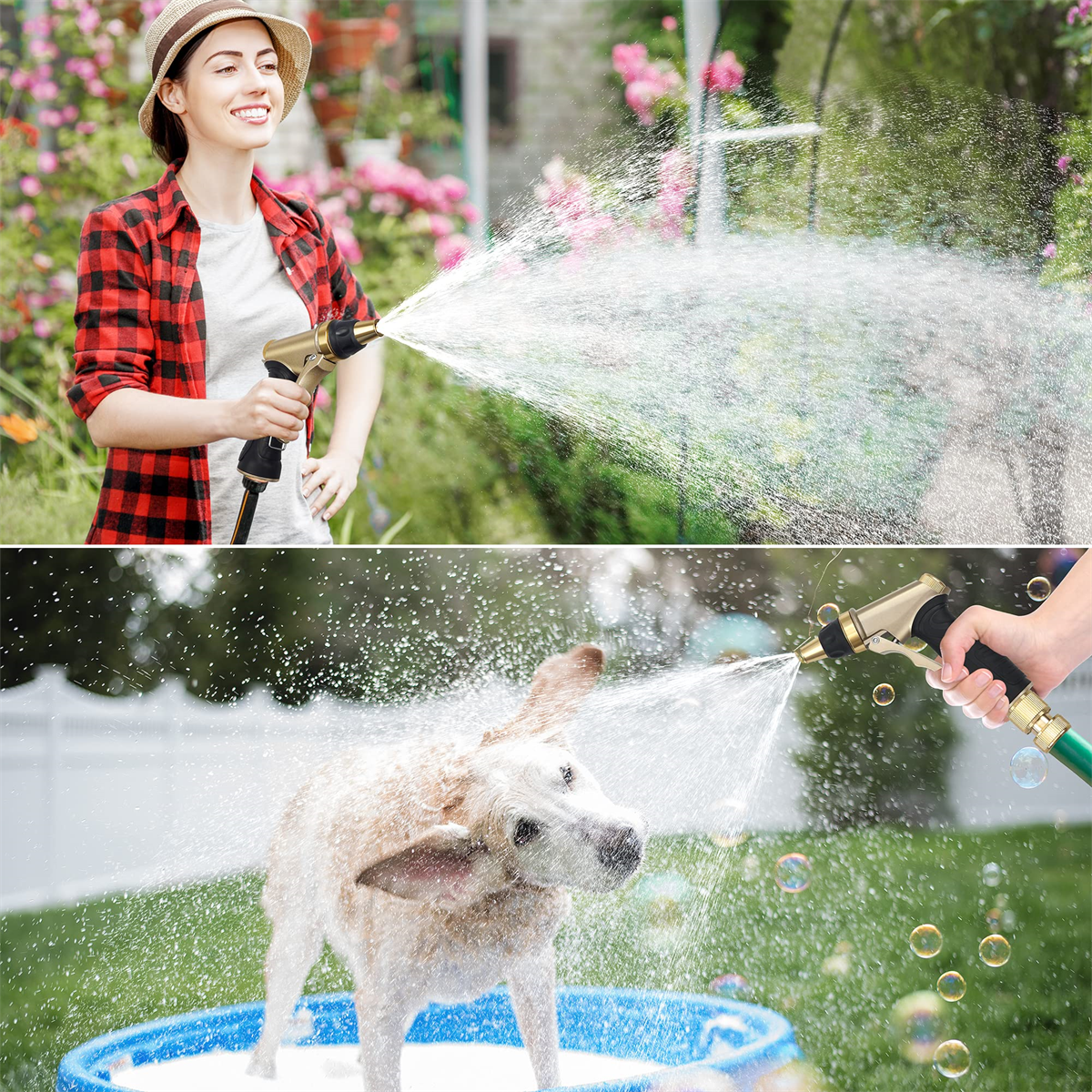Zwei Bilder. Eine Frau bewässert einen Garten. Ein Hund wird von einer Düse mit Wasser besprüht.