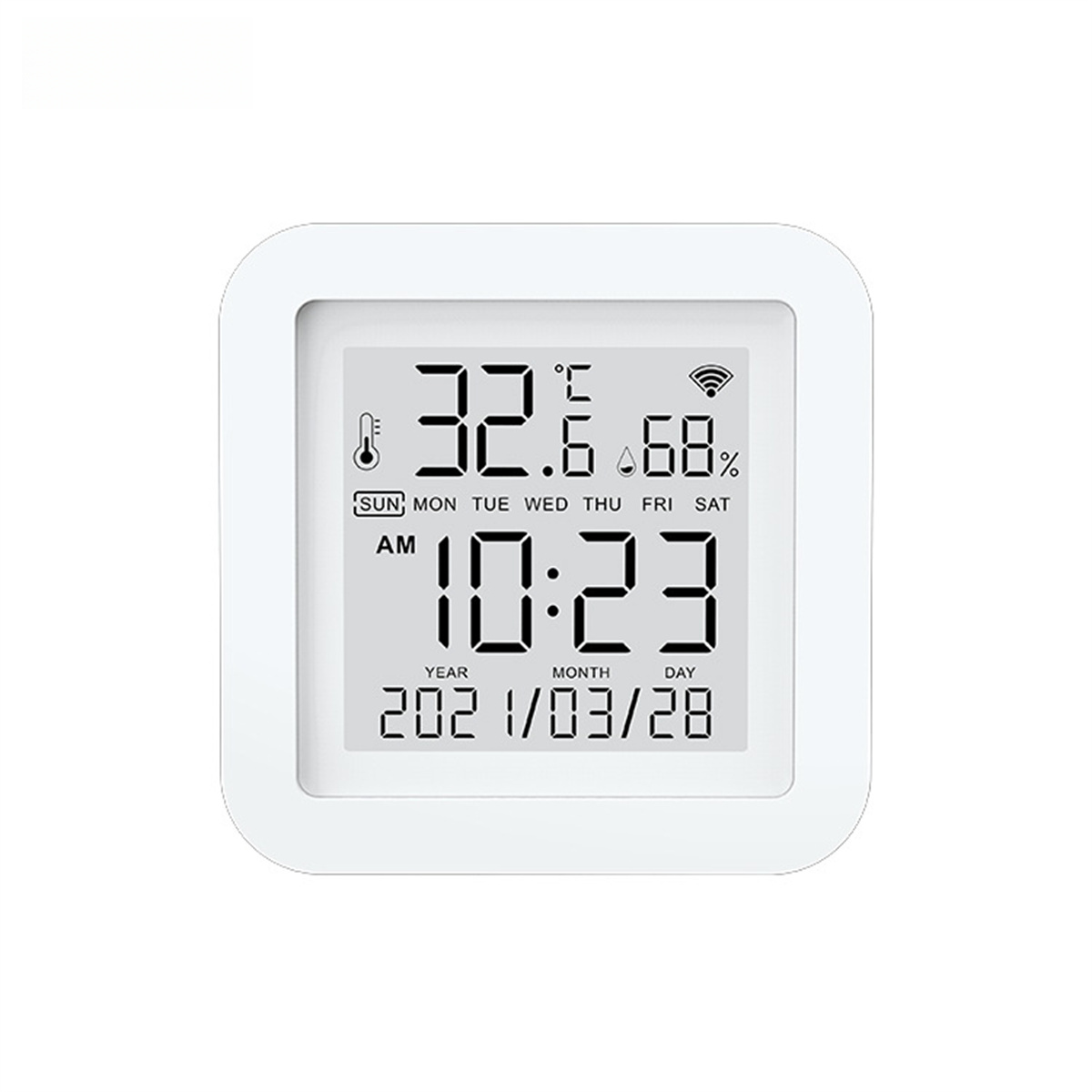 Weiße Digitaluhr mit Anzeige von Zeit, Datum, Temperatur und Luftfeuchtigkeit.
