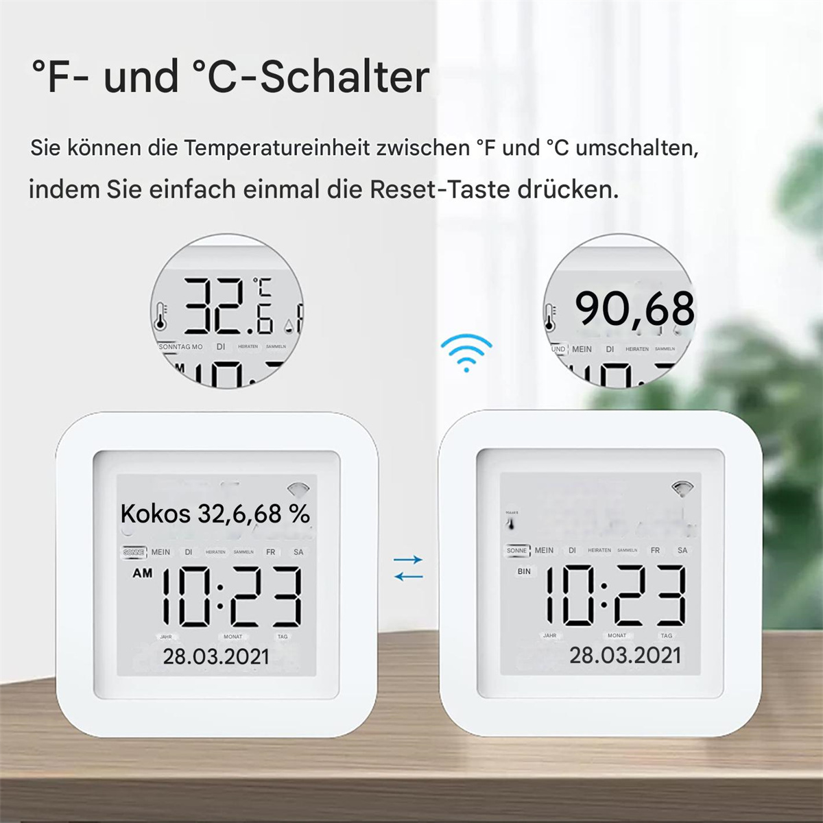 Zwei digitale Anzeigen mit Temperatur in Fahrenheit und Celsius.
