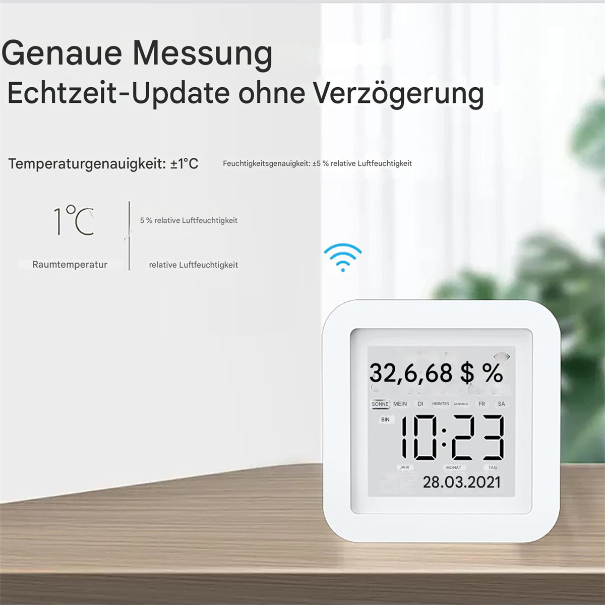 Eine Digitaluhr mit Temperatur- und Feuchtigkeitsmessungen. Zeigt ein WLAN-Symbol.