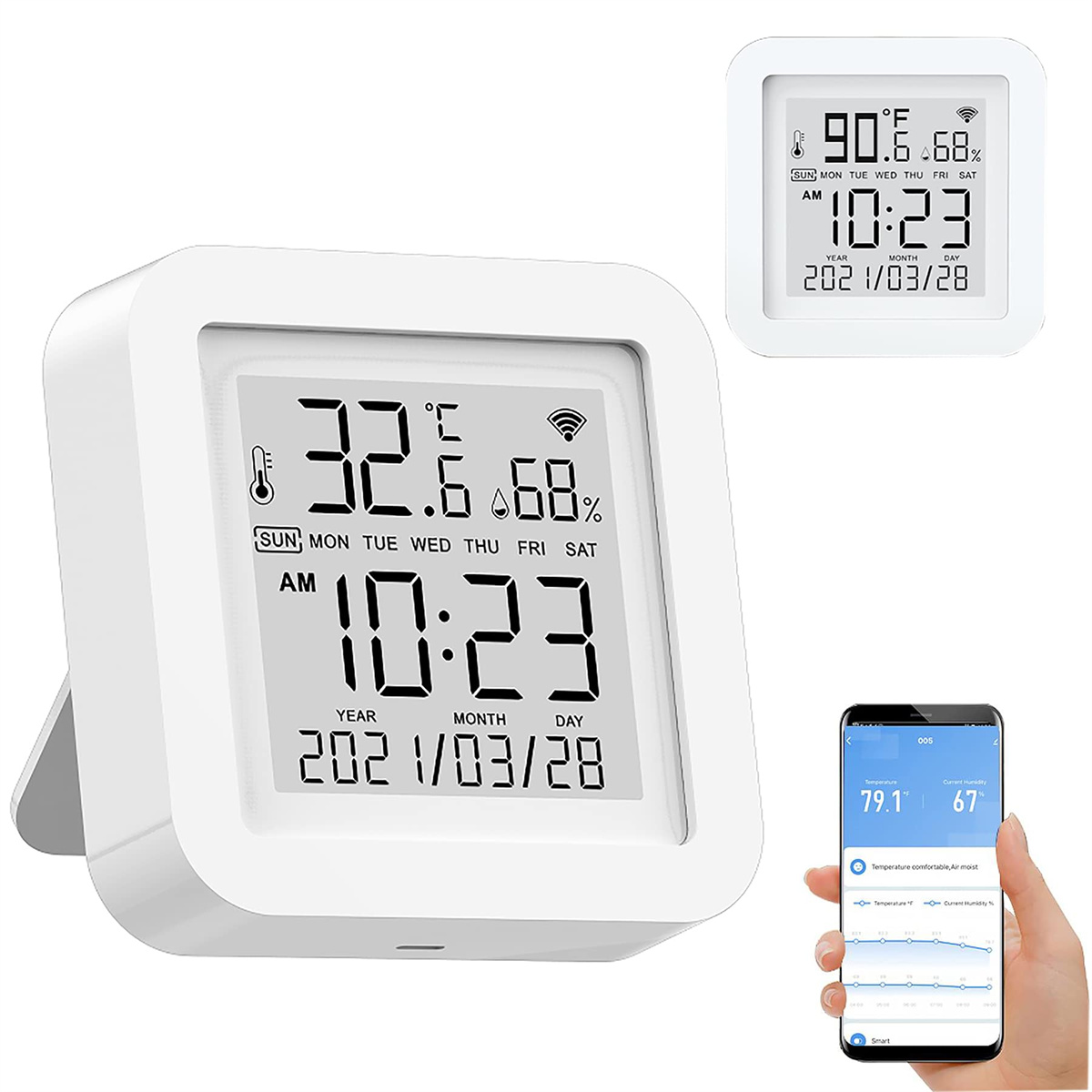 Weißes Digitaldisplay mit Zeit, Datum und Temperatur, mit Telefon, das Daten anzeigt.