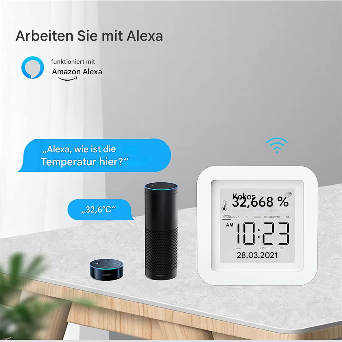 Smart-Home-Gerät, ein schwarzer Lautsprecher und eine Digitaluhr mit Zeit, Datum und Luftfeuchtigkeit.