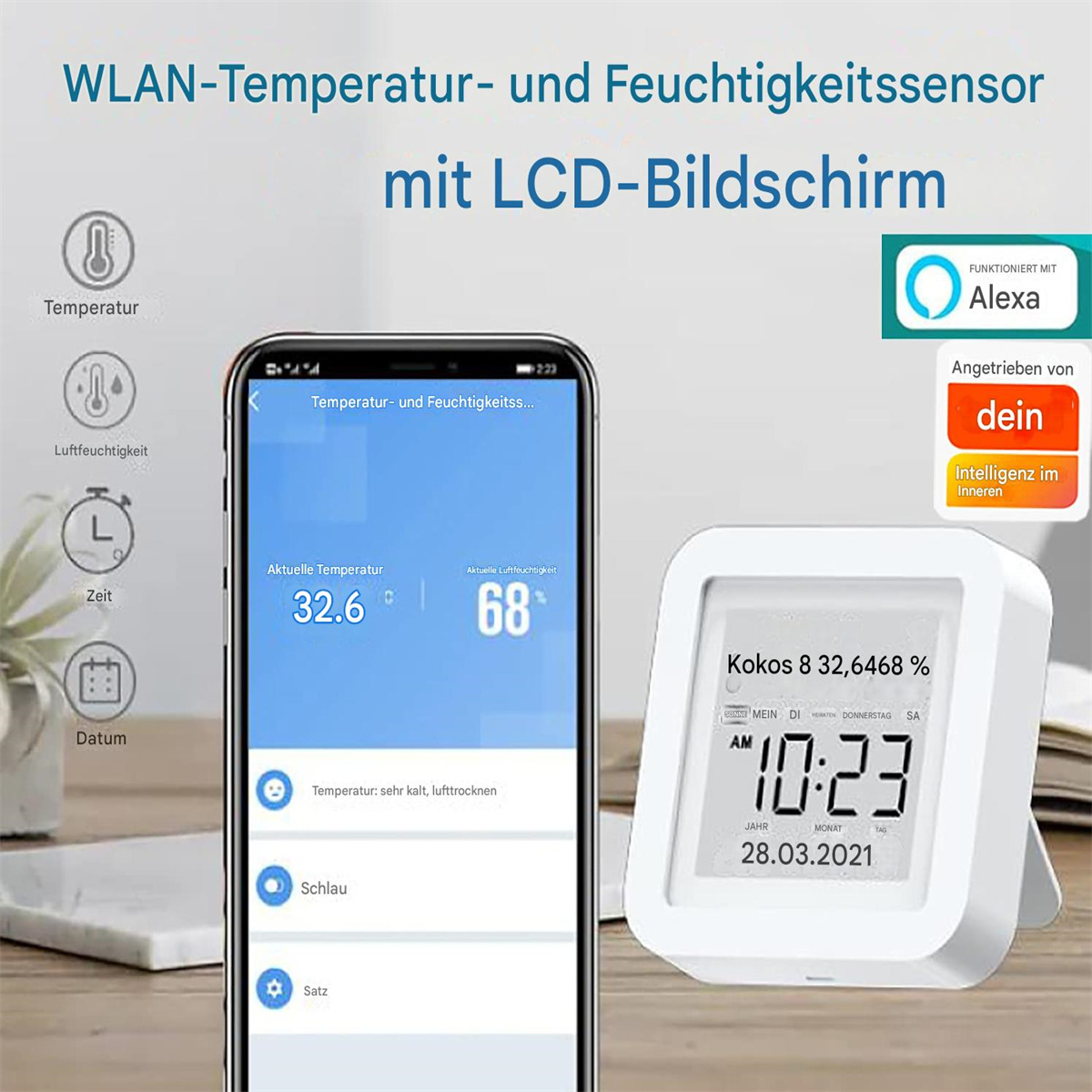 Ein Smart-Gerät zeigt Temperatur und Luftfeuchtigkeit an, mit der Uhrzeit.