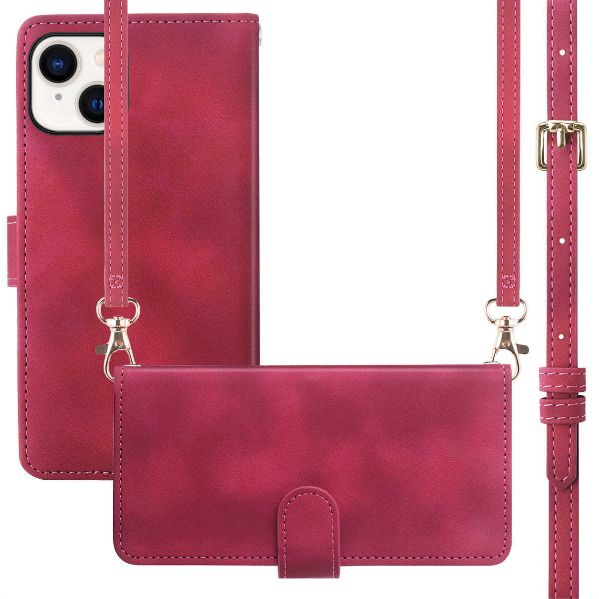 Portefeuille de téléphone rouge avec sangle. Il comprend un étui pour téléphone, un portefeuille et une longue sangle. Détails dorés.