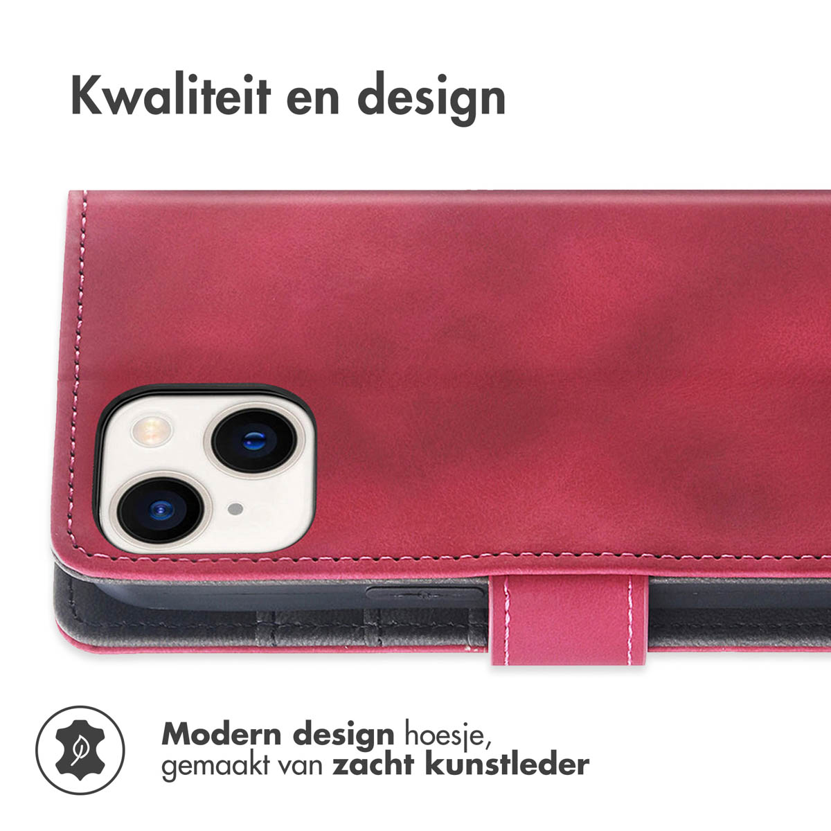 Un étui en cuir rouge avec un téléphone, un logo de design et le texte 'Design moderne hoesje'.
