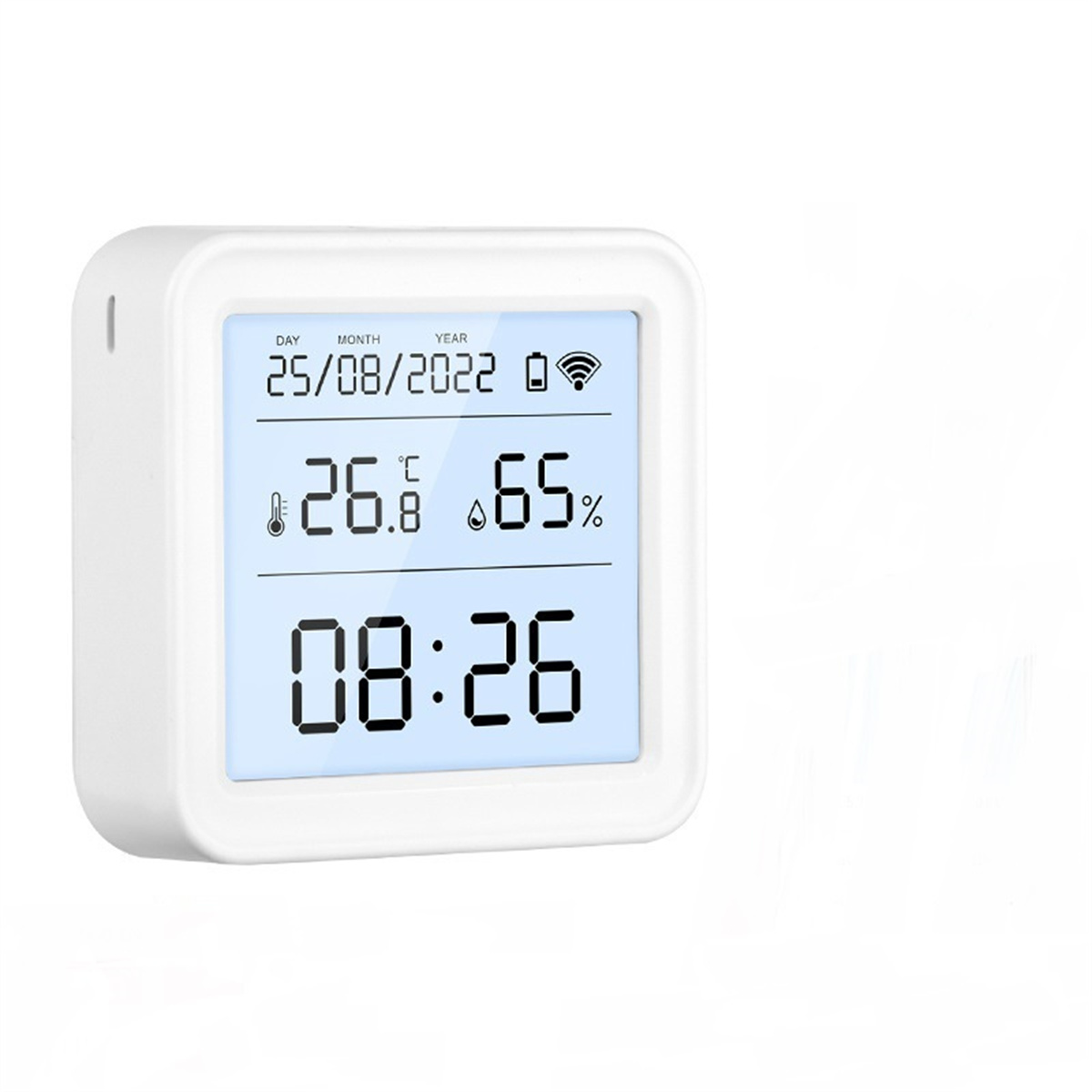 Eine weiße Digitaluhr, die Datum, Uhrzeit, Temperatur und Prozentsatz auf einem hellblauen Bildschirm anzeigt.