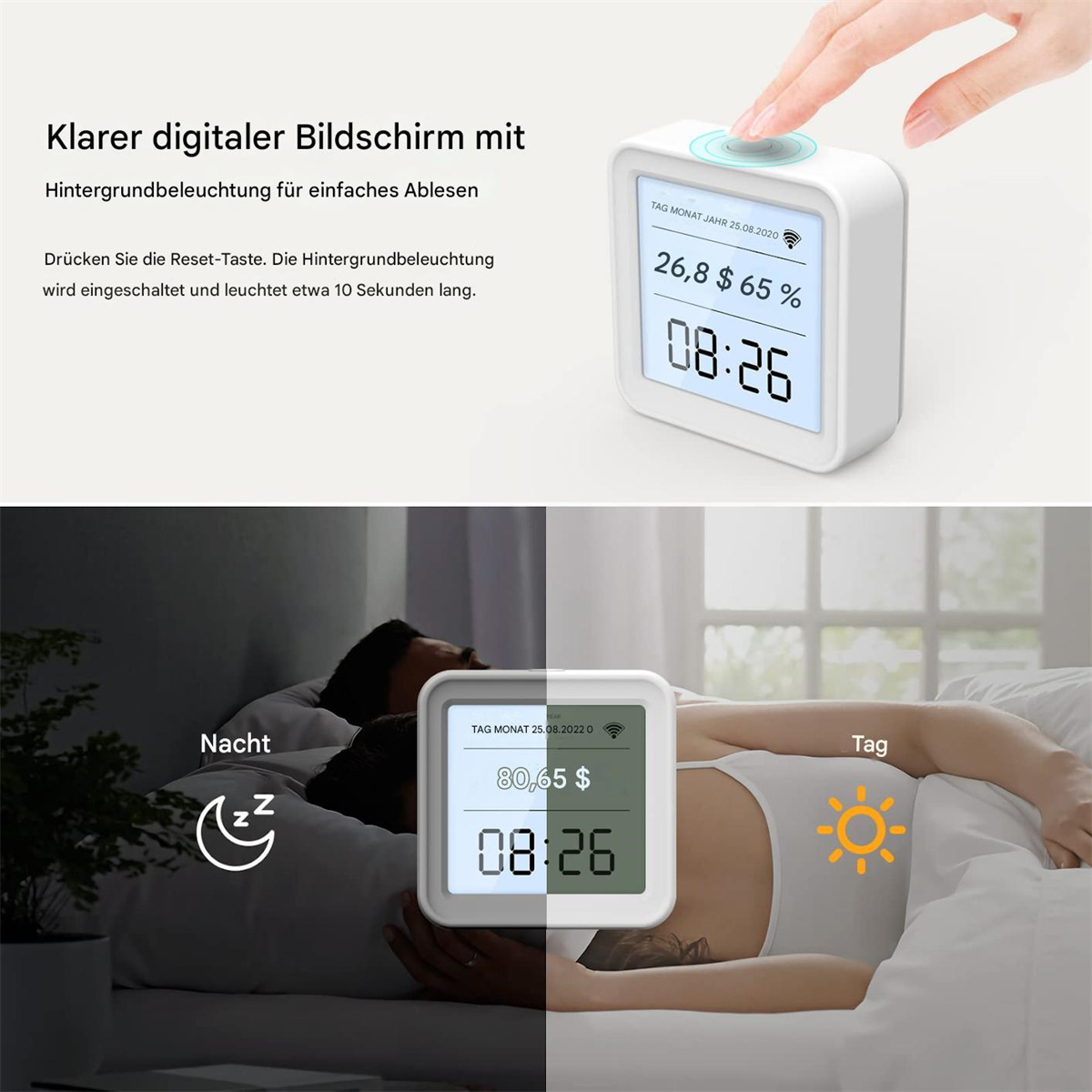 Digitaluhr mit Zeit und Datum, Person im Bett und Tag.