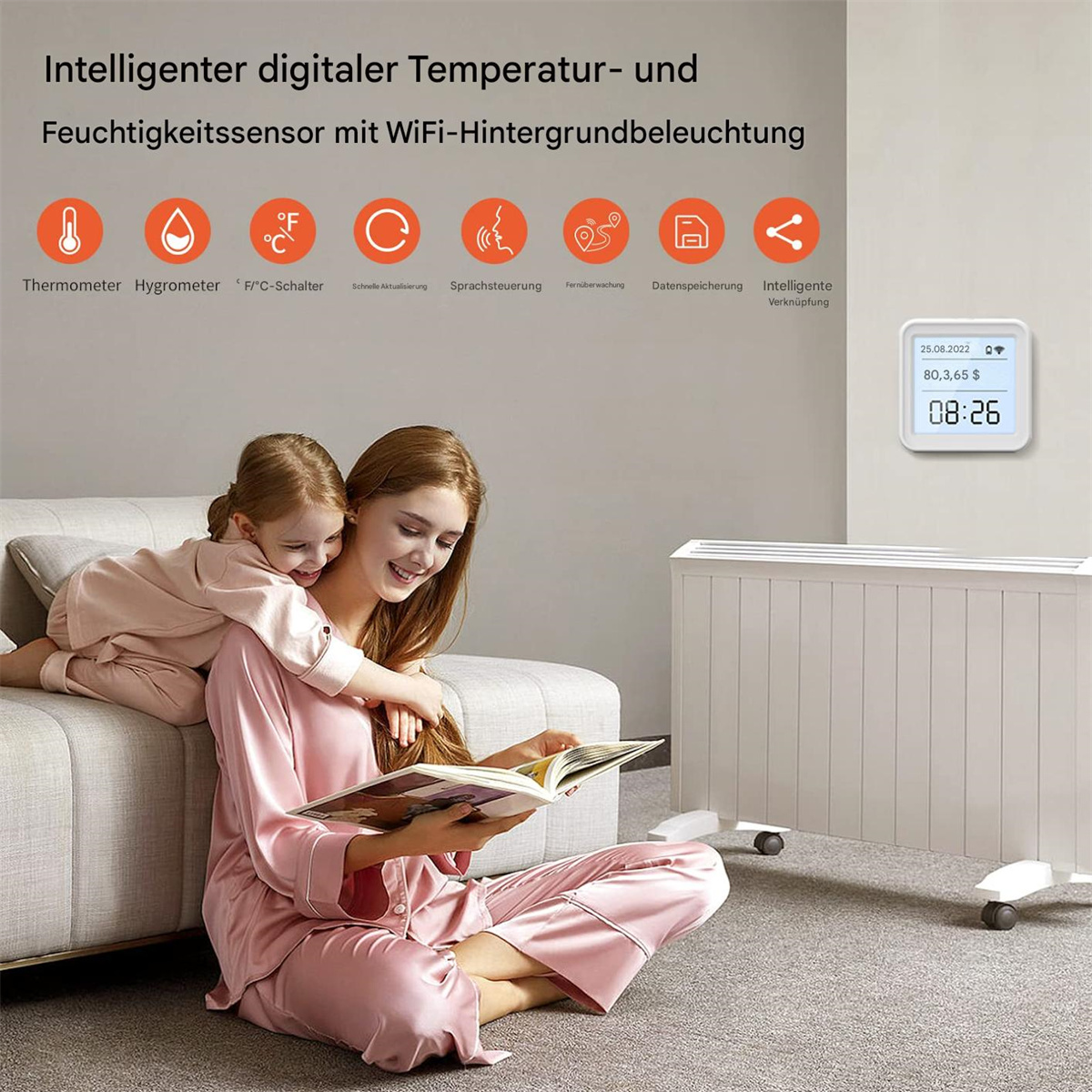 Eine Frau und ein Kind lesen ein Buch in der Nähe einer digitalen Heizung mit Symbolen an der Wand.