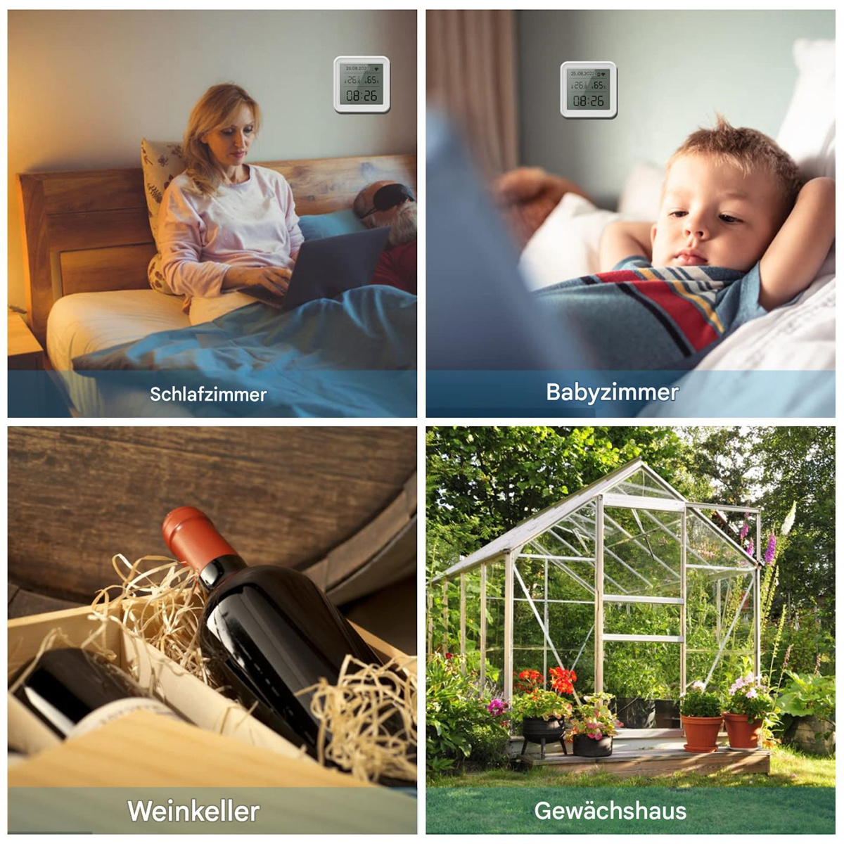 Vier Bilder: Schlafzimmer, Babyzimmer, Weinkeller und Gewächshaus. Alle mit Text.
